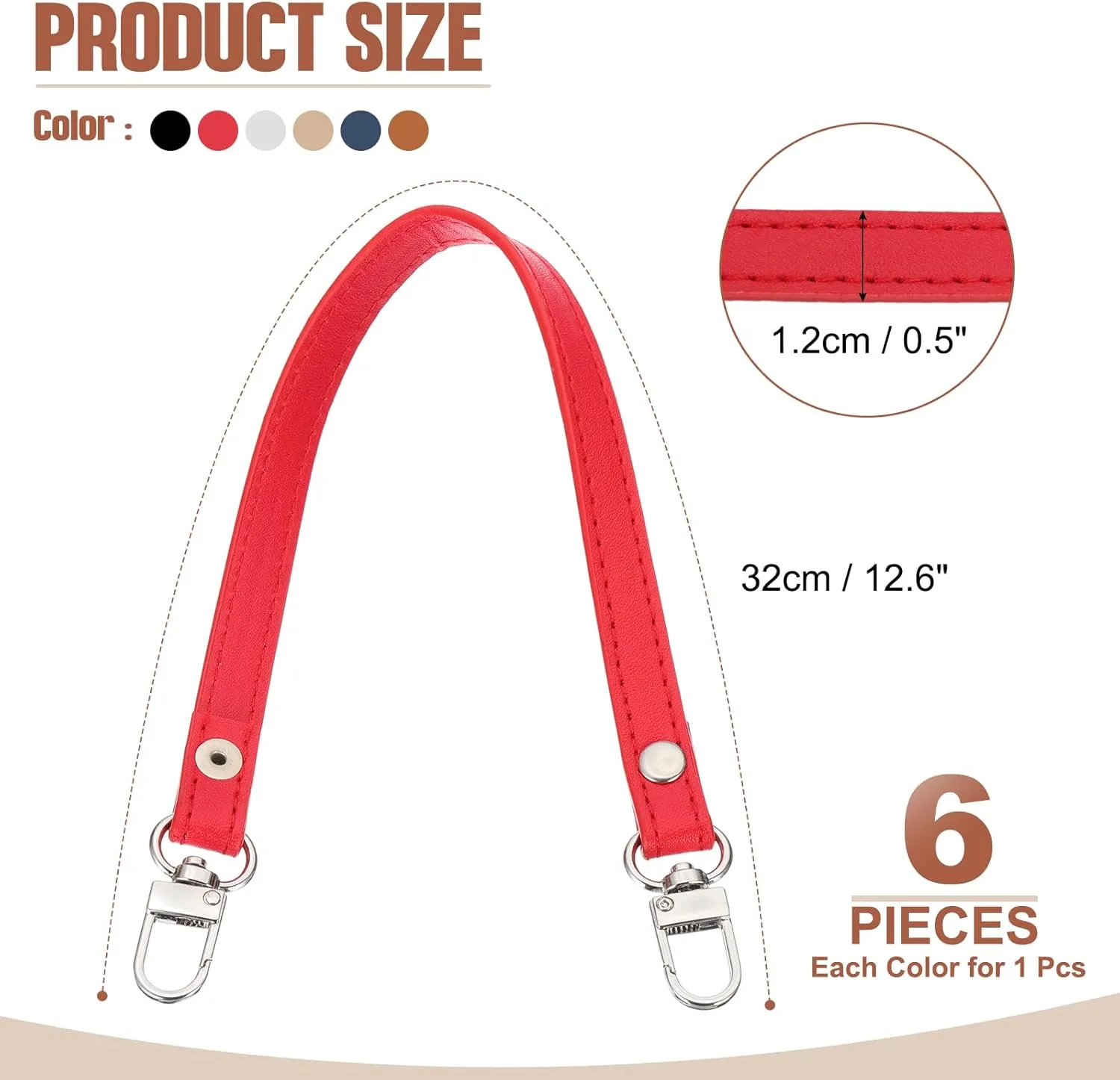PATIKIL Leather Purse Handle Strap, 6 Pcs 13 Inch Leather Purse Strap Replacement DIY Women Clutch Bag Handbag Top Handle Strap Repair Accessories, Black/Red/White/Blue/Brown/Yellow
