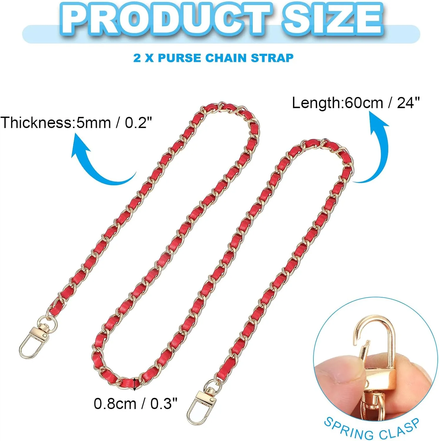 PATIKIL Leather Purse Handle Straps, 2 Pack 24 Inch Purse Chain Straps Replacement DIY Flat Chain Straps with Metal Buckle for Handbag Crossbody Shoulder Bag, Red