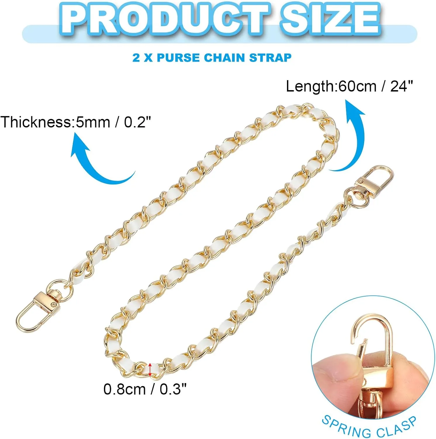 PATIKIL Leather Purse Handle Straps, 2 Pack 24 Inch Purse Chain Straps Replacement DIY Flat Chain Straps with Metal Buckle for Handbag Crossbody Shoulder Bag, White