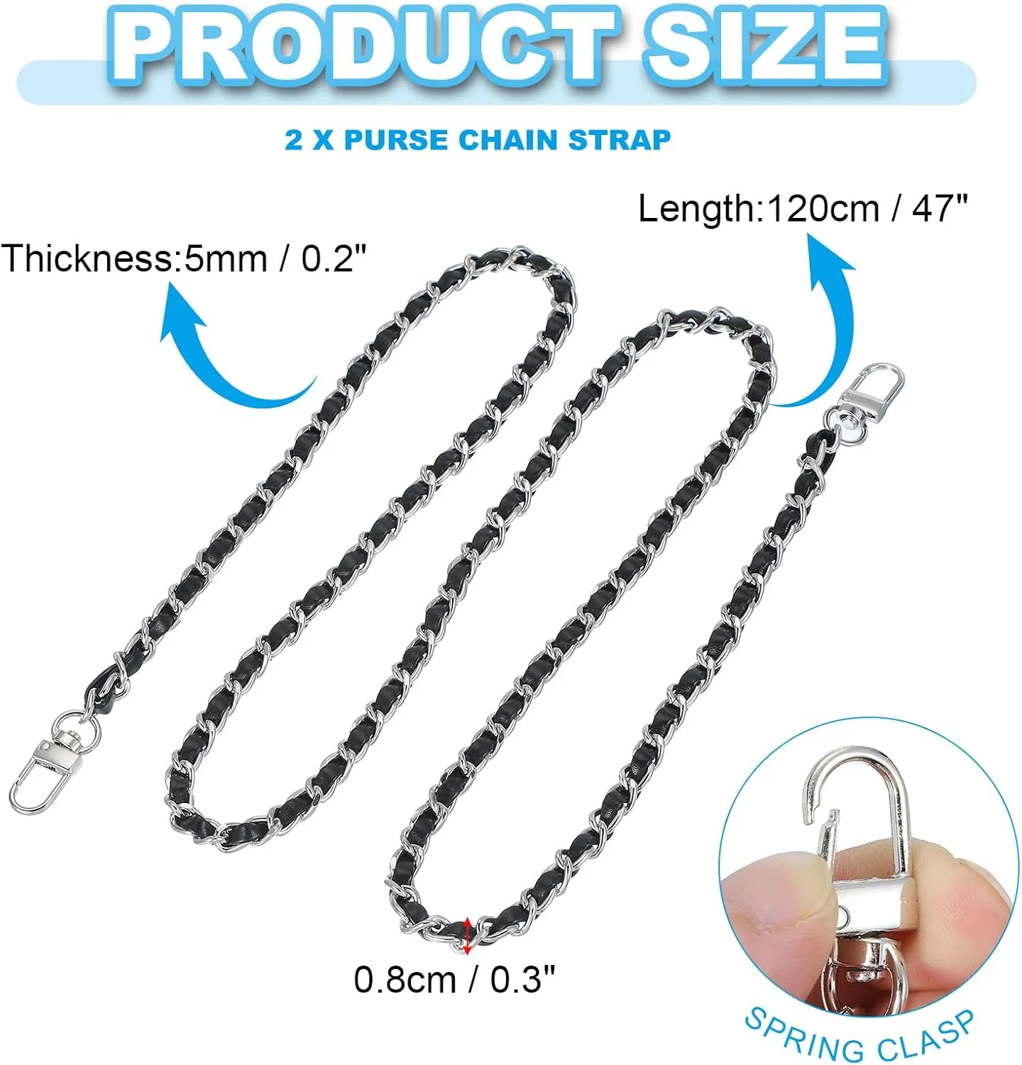 PATIKIL Leather Purse Handle Straps, 2 Pack 47 Inch Purse Straps Replacement DIY Purse Chain Straps with Zinc Alloy Buckle for Handbag Crossbody Shoulder Bag, Black