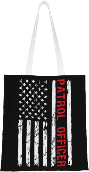 Patrol Officer Usa Flag Tote Bag for Women Canvas Shopping Bags Reusable Large Capacity Casual Shoulder Handbags Grocery Bags