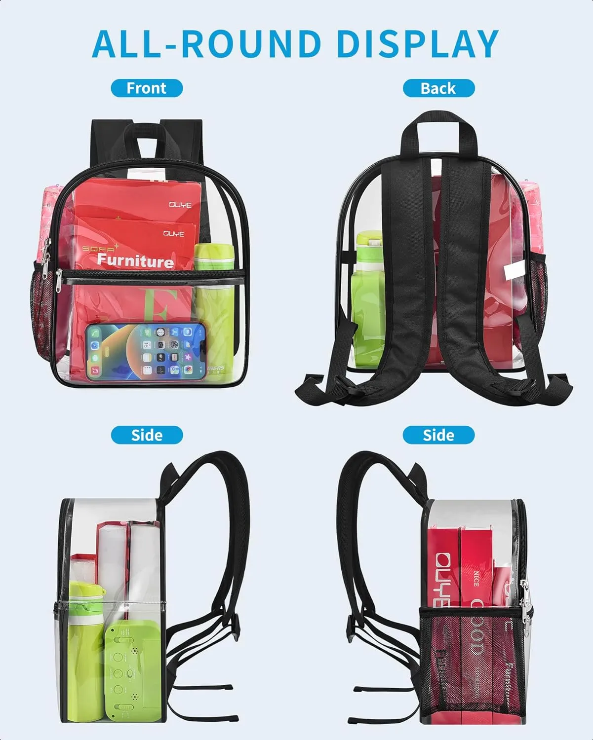 Paxiland Clear Backpack Stadium Approved 12×12×6 with Reinforced and Wider Shoulder Straps, Small Clear Bag for Schools, Concerts, Work, Festivals and Sporting Events - Black
