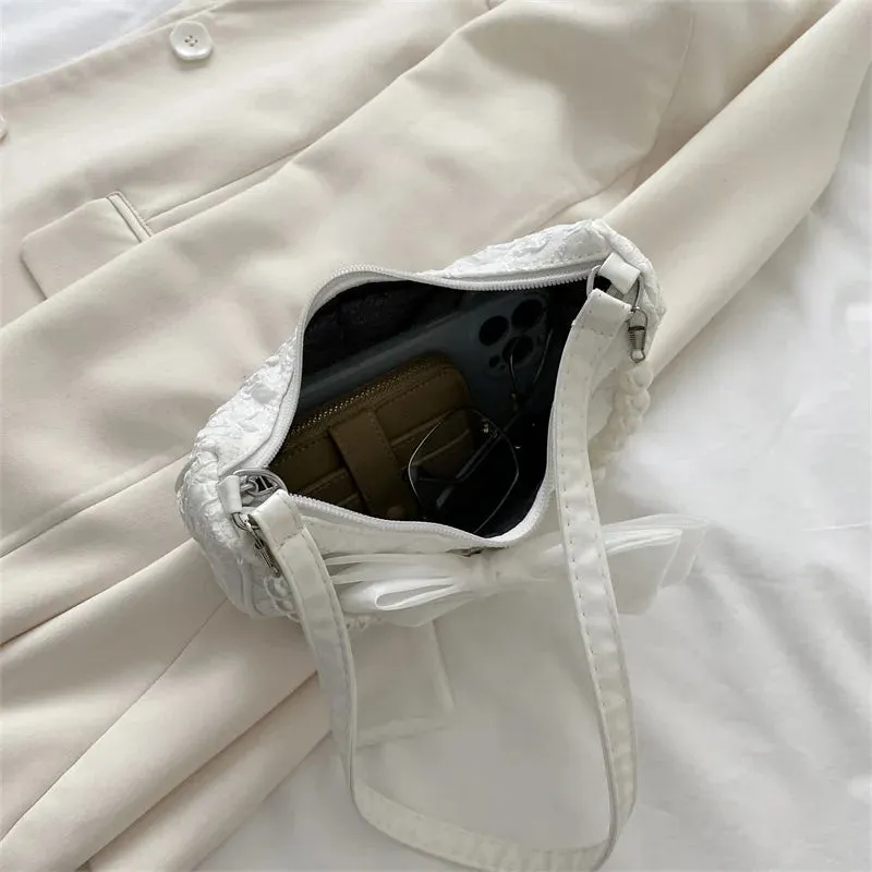 Pearl Bow Crossbody Canvas Shoulder Handbag