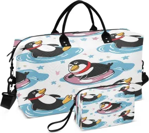 Penguin Lying on Swimming Ring Travel Duffel Bags with Toiletry Bag for Travel Gym Yoga Weekender Bag