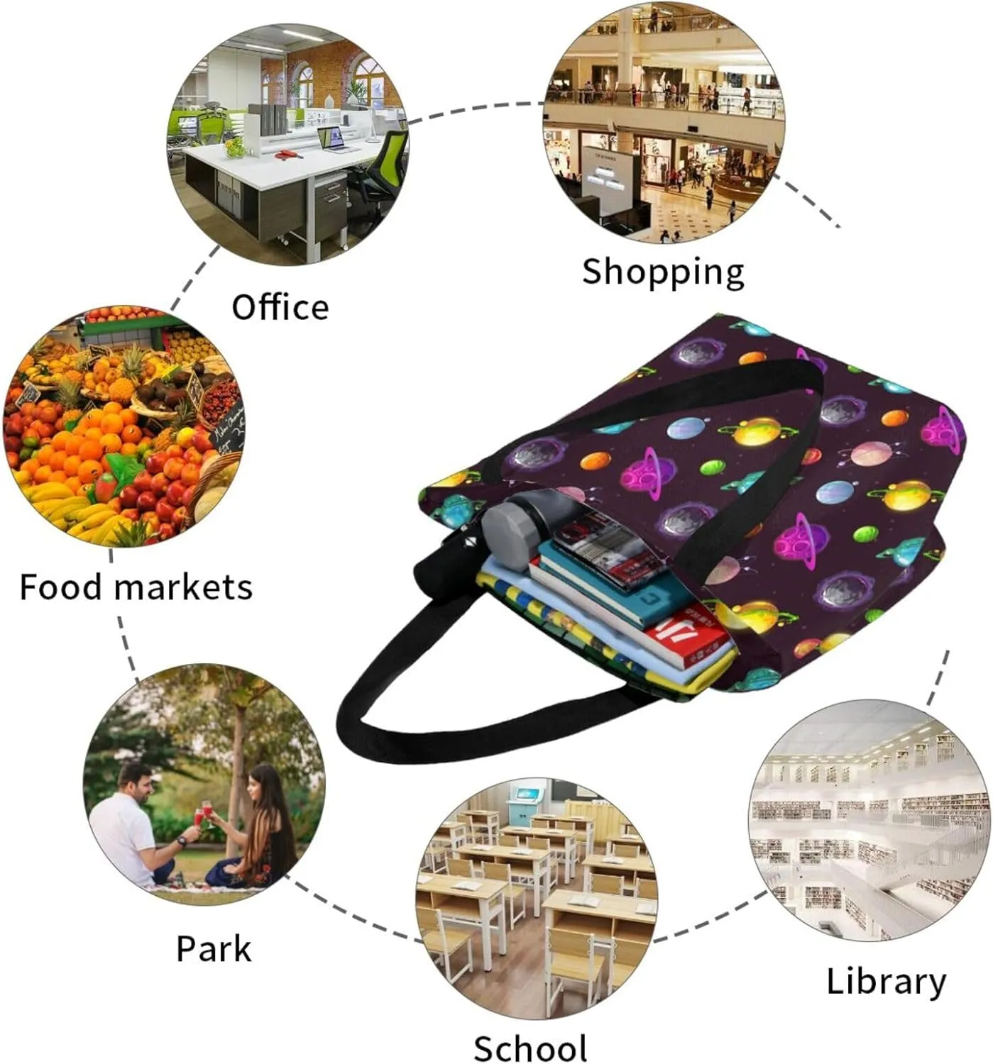 Percussion Black Drum Tote Bag For Women Lightweight Shoulder Bags Shopping Handbags With Zipper