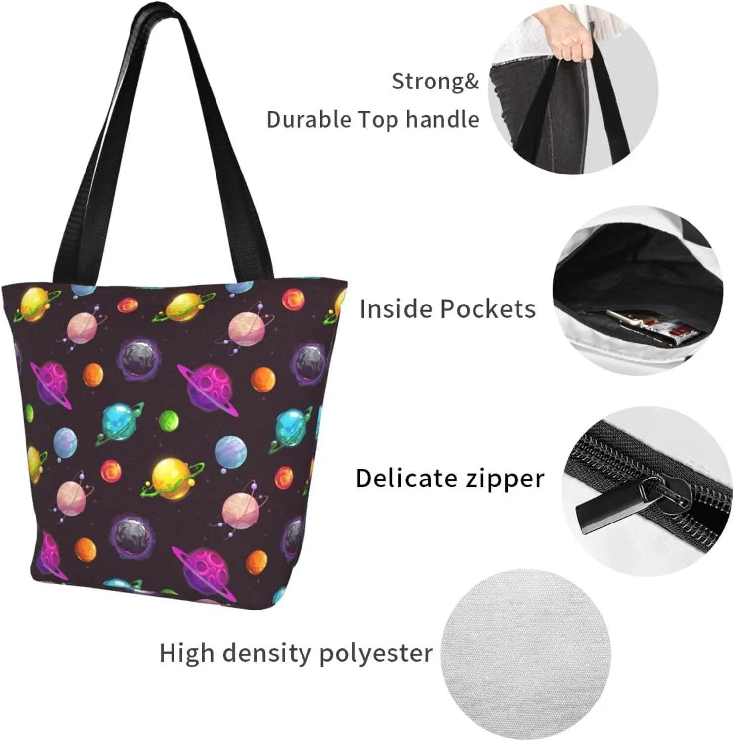 Percussion Black Drum Tote Bag For Women Lightweight Shoulder Bags Shopping Handbags With Zipper