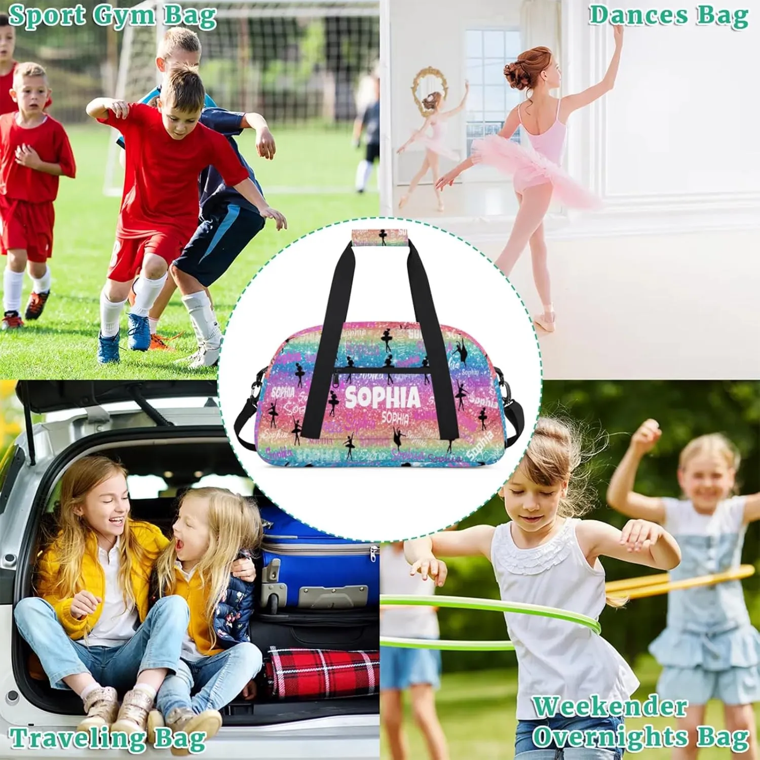 Personalized Ballet Dance Bag, Gradient Colorful Rainbow Glittering with Dancer Silhouette Cheerleader Bag Gym Sport Duffel Weekender Travel Bag
