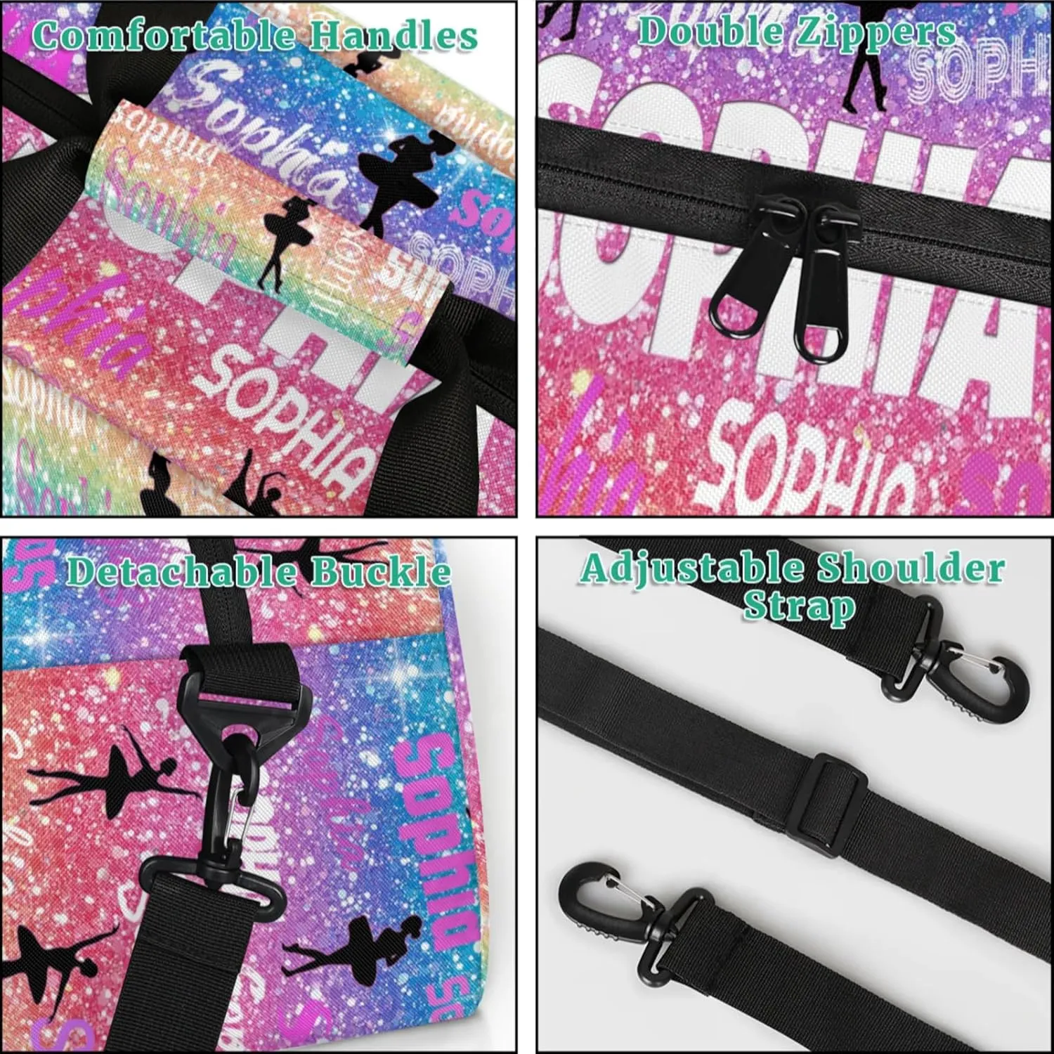 Personalized Ballet Dance Bag, Gradient Colorful Rainbow Glittering with Dancer Silhouette Cheerleader Bag Gym Sport Duffel Weekender Travel Bag