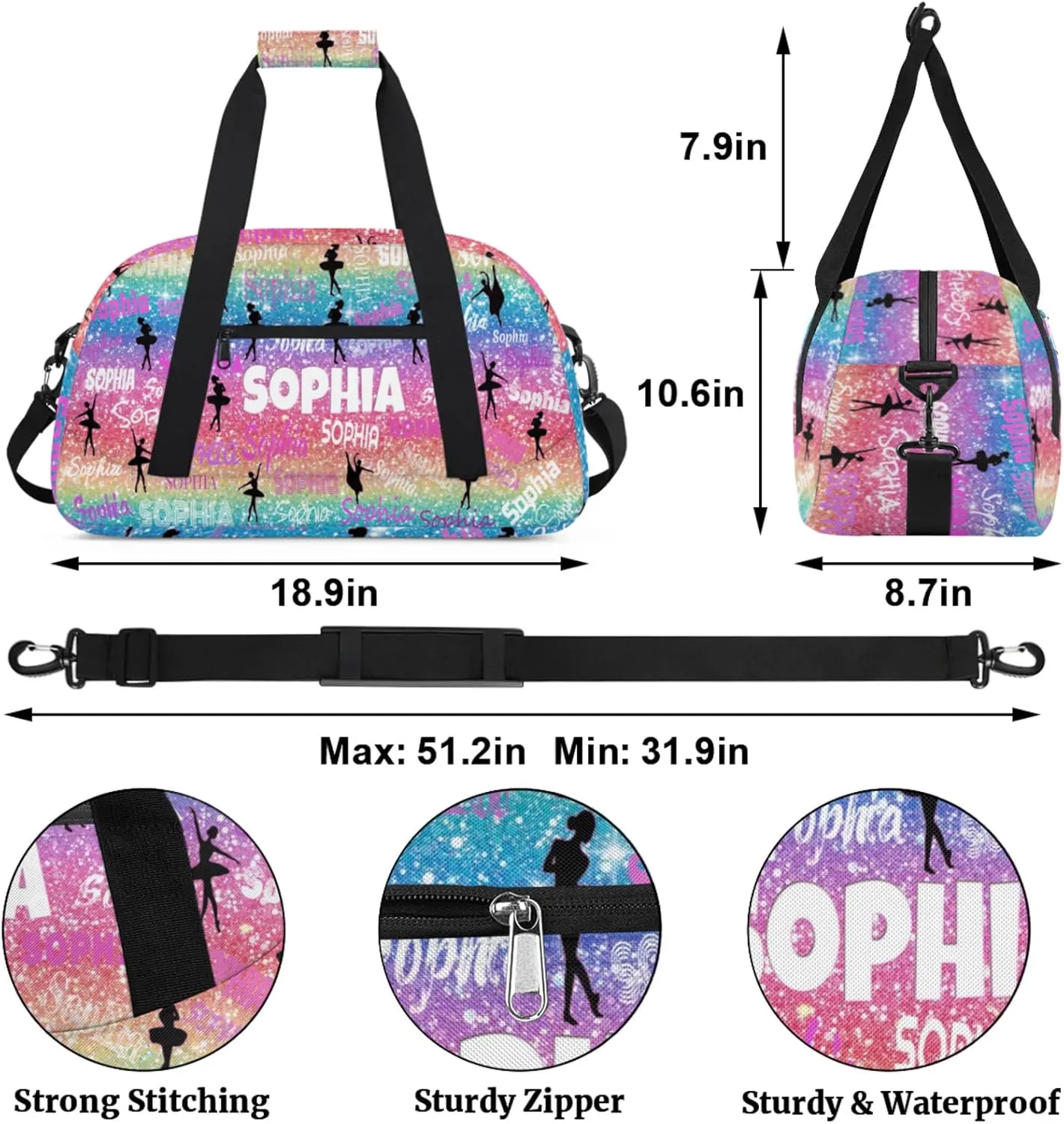 Personalized Ballet Dance Bag, Gradient Colorful Rainbow Glittering with Dancer Silhouette Cheerleader Bag Gym Sport Duffel Weekender Travel Bag