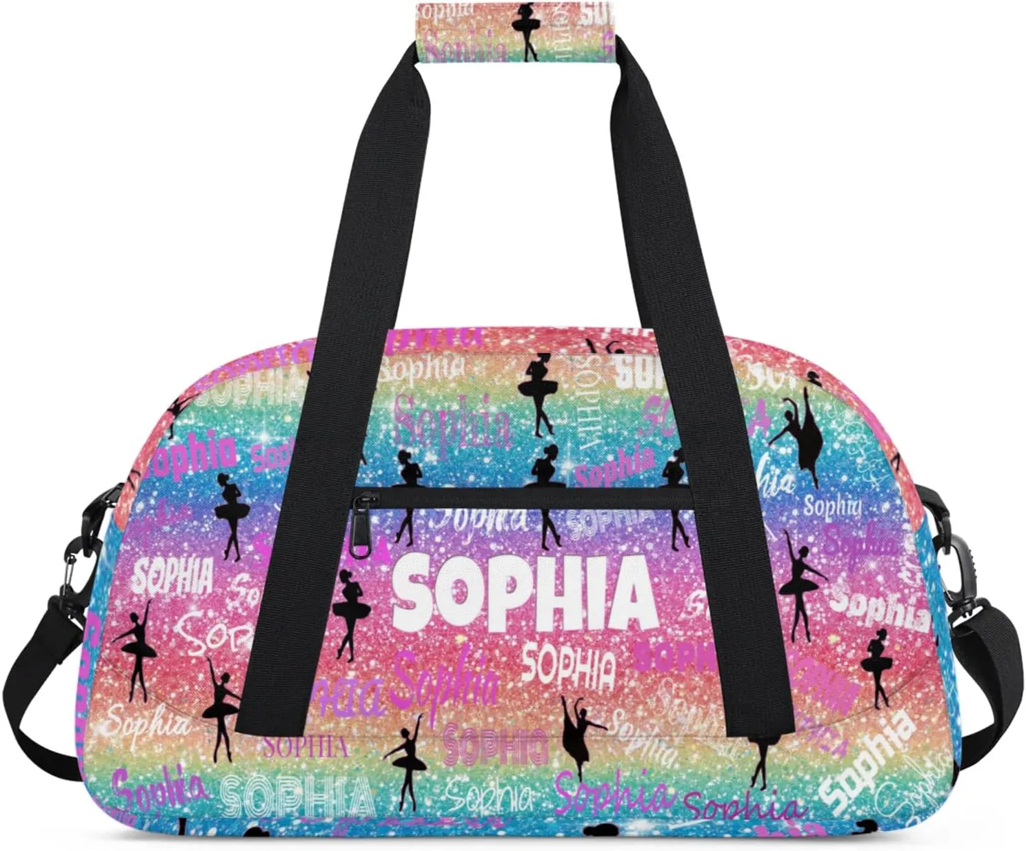 Personalized Ballet Dance Bag, Gradient Colorful Rainbow Glittering with Dancer Silhouette Cheerleader Bag Gym Sport Duffel Weekender Travel Bag
