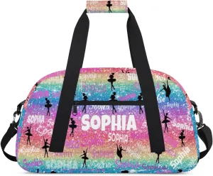Personalized Ballet Dance Bag, Gradient Colorful Rainbow Glittering with Dancer Silhouette Cheerleader Bag Gym Sport Duffel Weekender Travel Bag