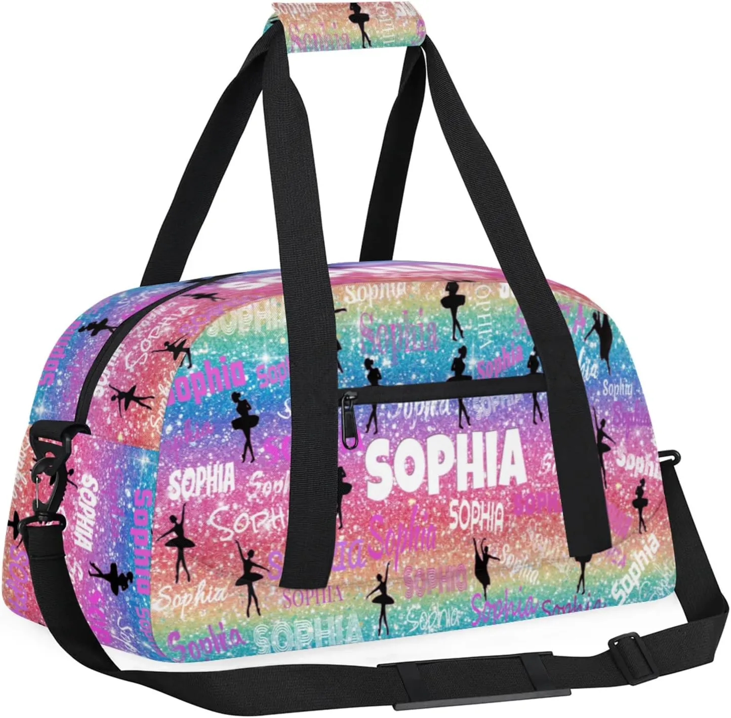 Personalized Ballet Dance Bag, Gradient Colorful Rainbow Glittering with Dancer Silhouette Cheerleader Bag Gym Sport Duffel Weekender Travel Bag