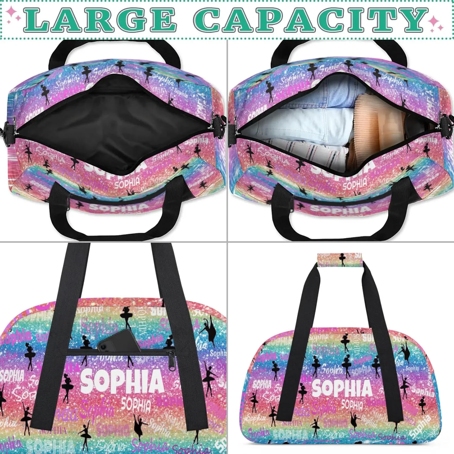 Personalized Ballet Dance Bag, Gradient Colorful Rainbow Glittering with Dancer Silhouette Cheerleader Bag Gym Sport Duffel Weekender Travel Bag