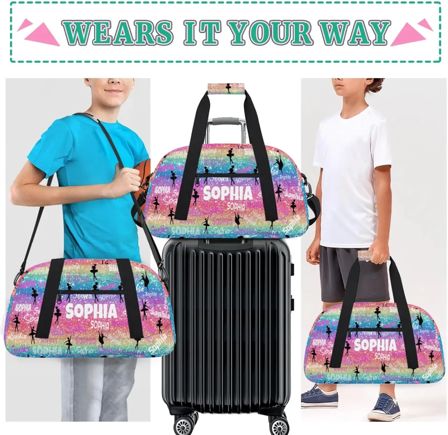 Personalized Ballet Dance Bag, Gradient Colorful Rainbow Glittering with Dancer Silhouette Cheerleader Bag Gym Sport Duffel Weekender Travel Bag