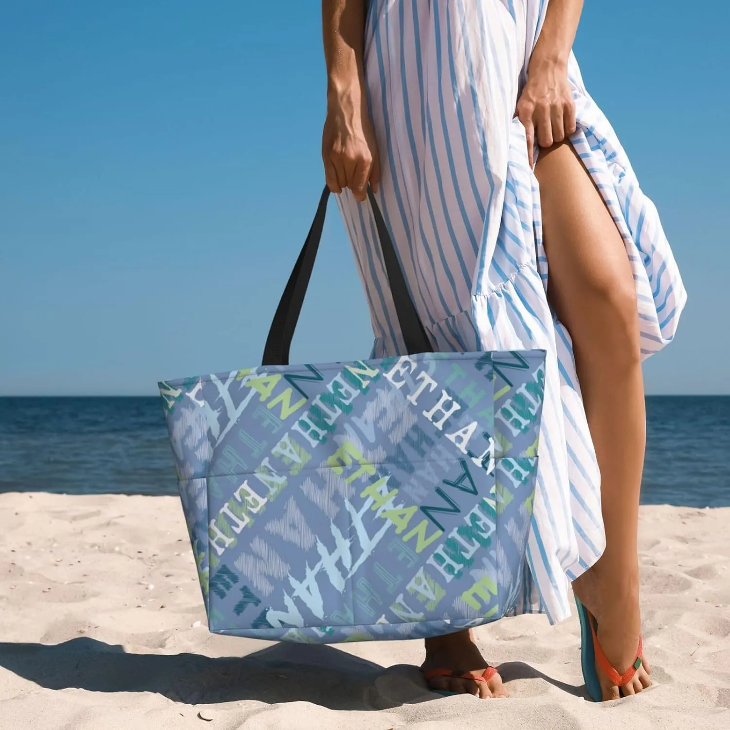 Personalized Beach Bag Custom Totes Bag Sandproof Swim Pool Bag With Zipper And Pockets for Women Travel Vacation Gym