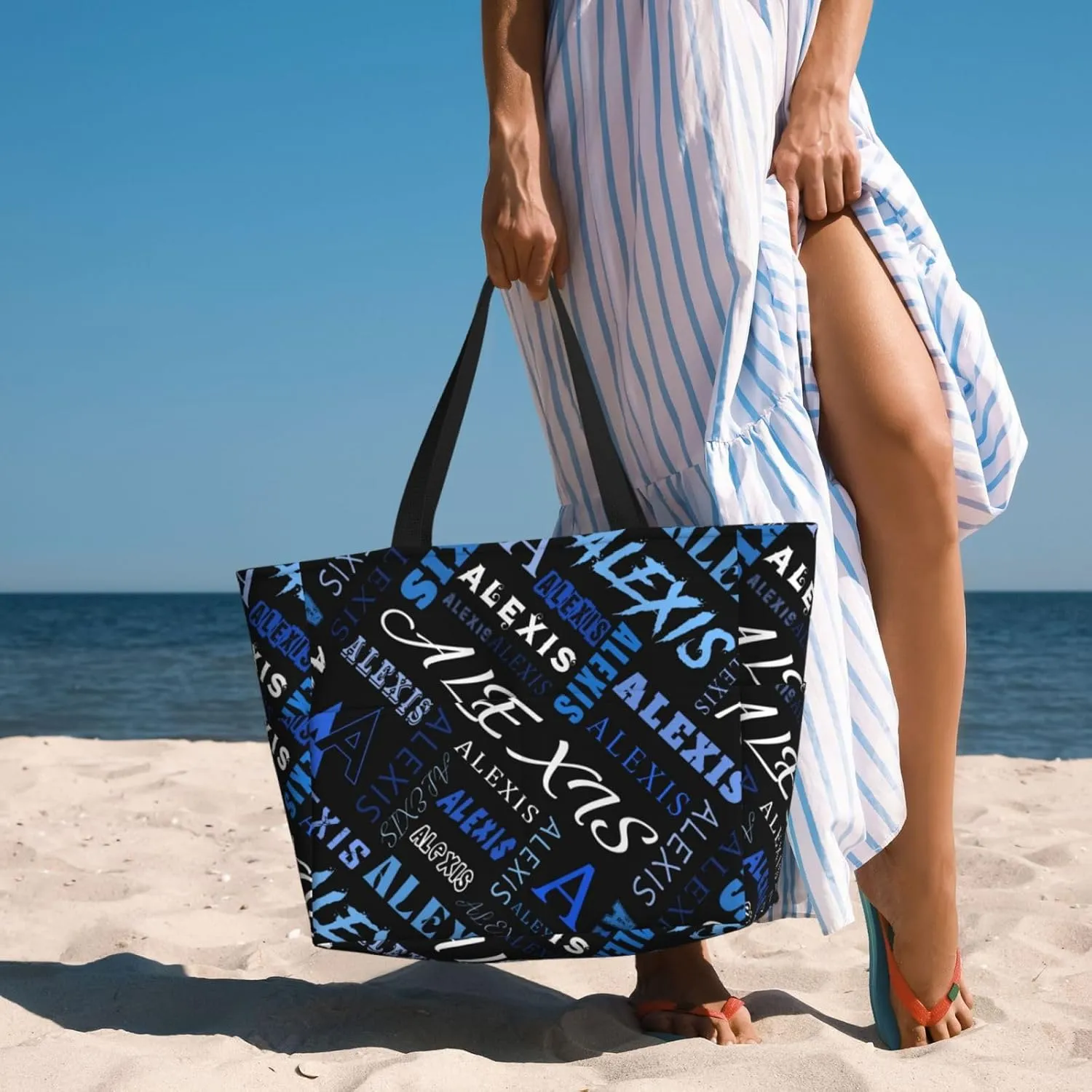 Personalized Beach Bag Custom Totes Bag Sandproof Swim Pool Bag With Zipper And Pockets for Women Travel Vacation Gym