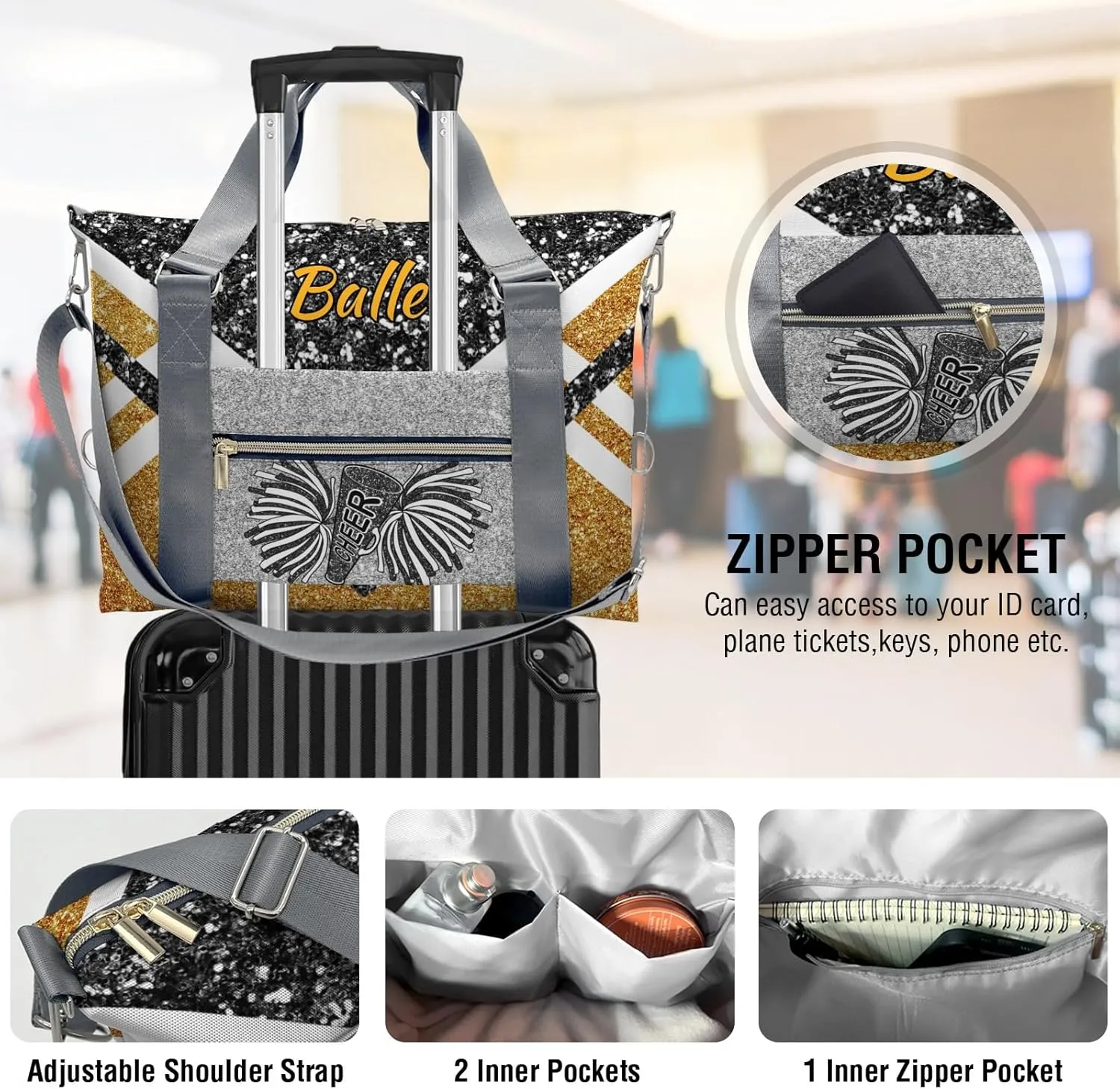 Personalized Cheer Bag Cheerleader Duffel Bag,Custom Sport Gym Bag,Customize Travel Duffle Bag with Name,Overnight Weekender Bags Golden Glitter,Cheerleading Cheer Team Coaches Bag Gifts