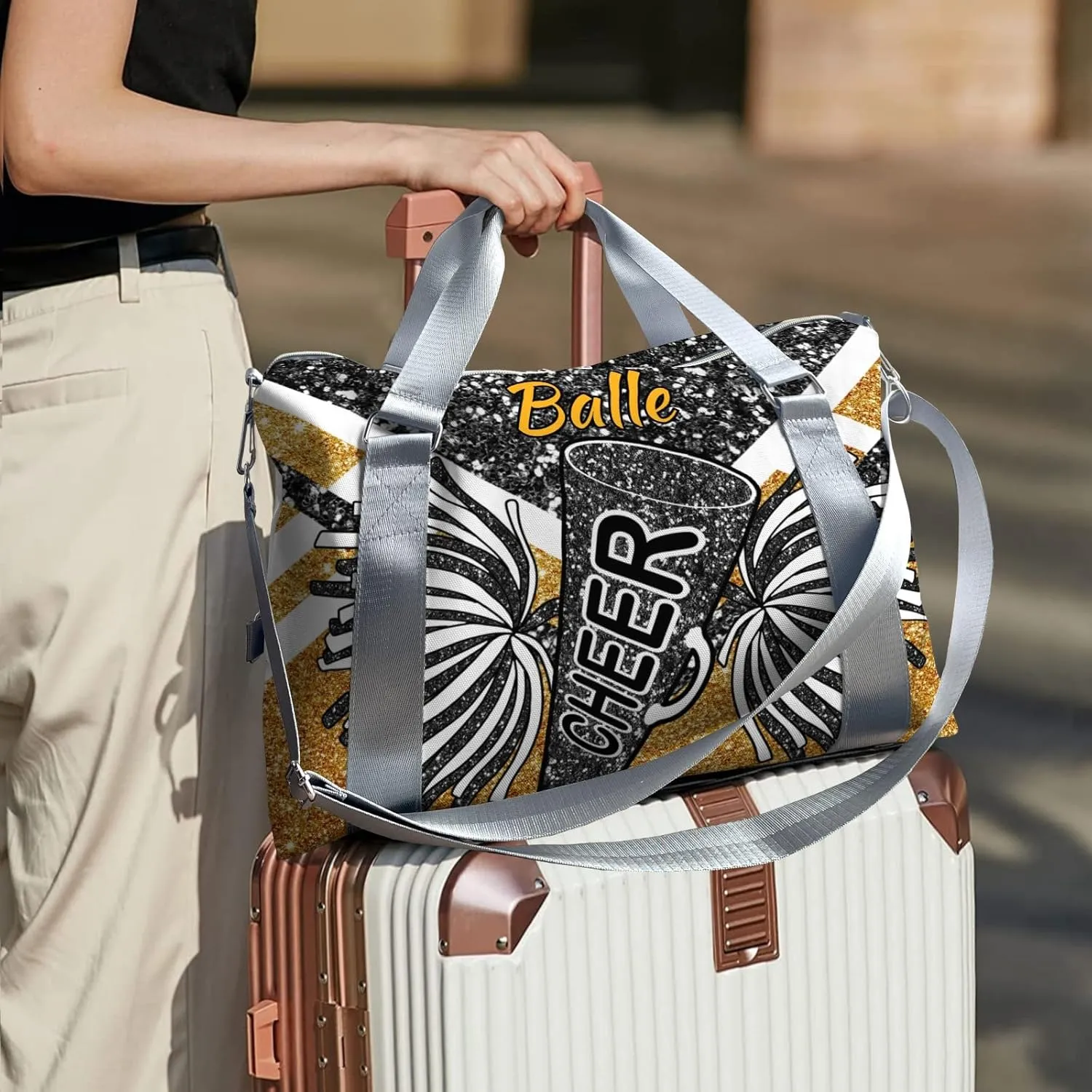 Personalized Cheer Bag Cheerleader Duffel Bag,Custom Sport Gym Bag,Customize Travel Duffle Bag with Name,Overnight Weekender Bags Golden Glitter,Cheerleading Cheer Team Coaches Bag Gifts
