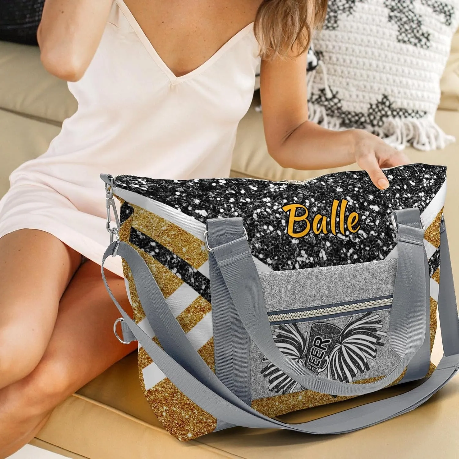 Personalized Cheer Bag Cheerleader Duffel Bag,Custom Sport Gym Bag,Customize Travel Duffle Bag with Name,Overnight Weekender Bags Golden Glitter,Cheerleading Cheer Team Coaches Bag Gifts