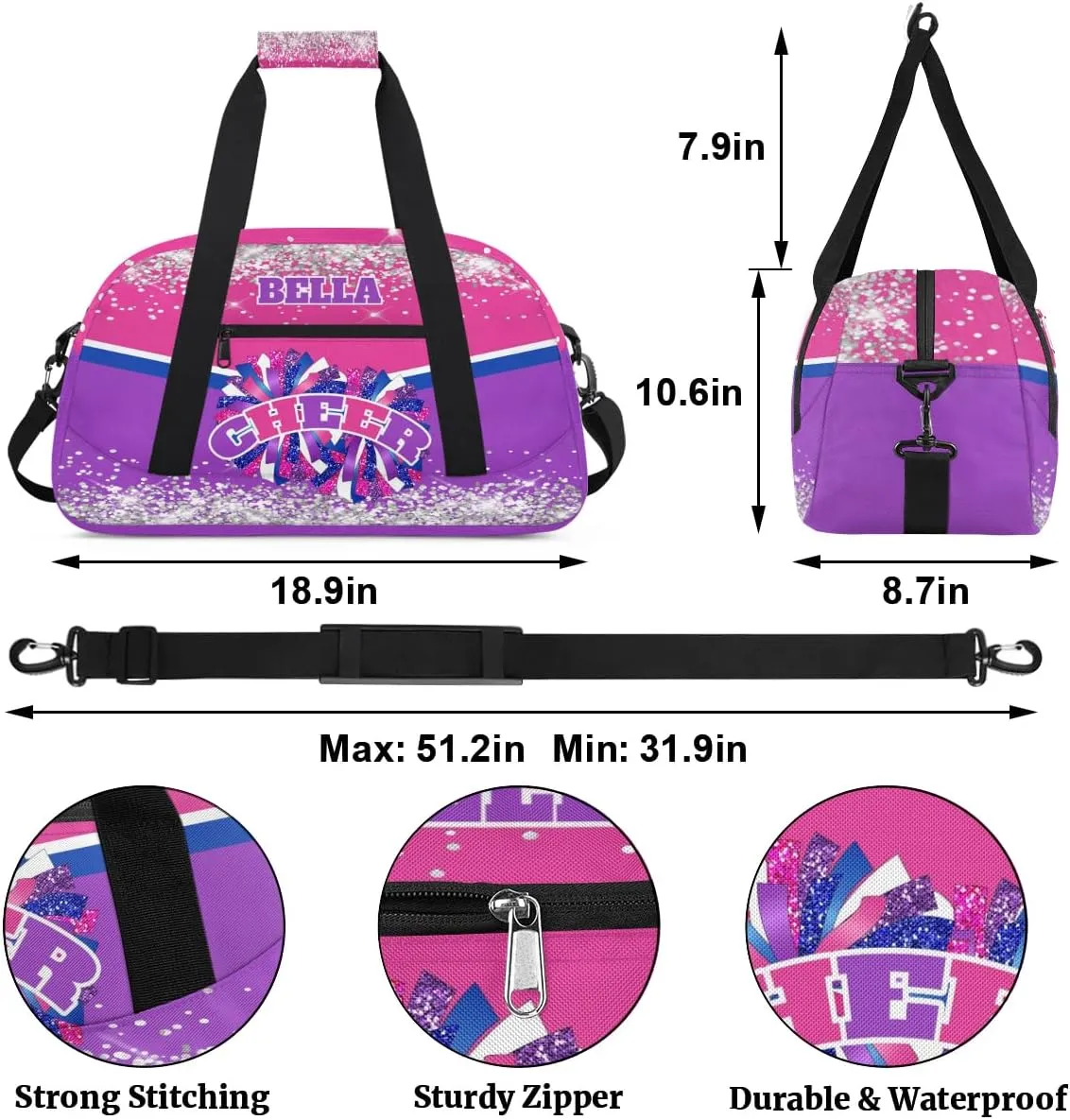 Personalized Cheer Bag Dance Bag for Girl, Custom Gym Bag Sport Duffel Bag, Weekender Bags Travel Duffel Bag Hot Pink Purple Glam, Option 13
