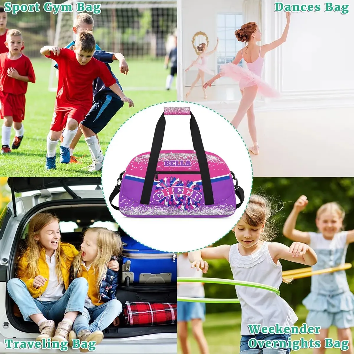 Personalized Cheer Bag Dance Bag for Girl, Custom Gym Bag Sport Duffel Bag, Weekender Bags Travel Duffel Bag Hot Pink Purple Glam, Option 13