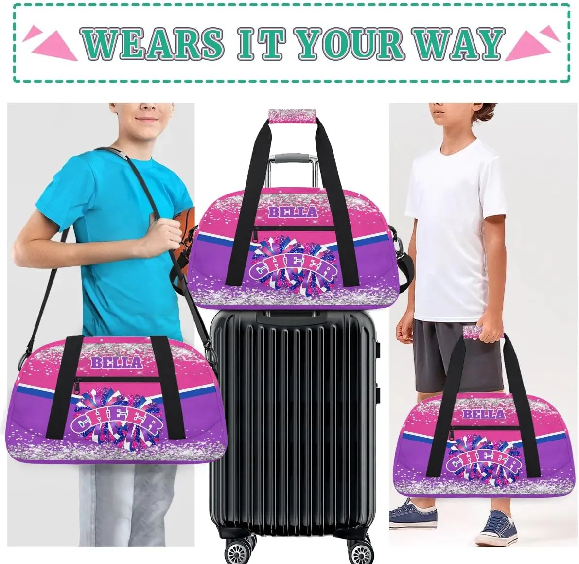 Personalized Cheer Bag Dance Bag for Girl, Custom Gym Bag Sport Duffel Bag, Weekender Bags Travel Duffel Bag Hot Pink Purple Glam, Option 13