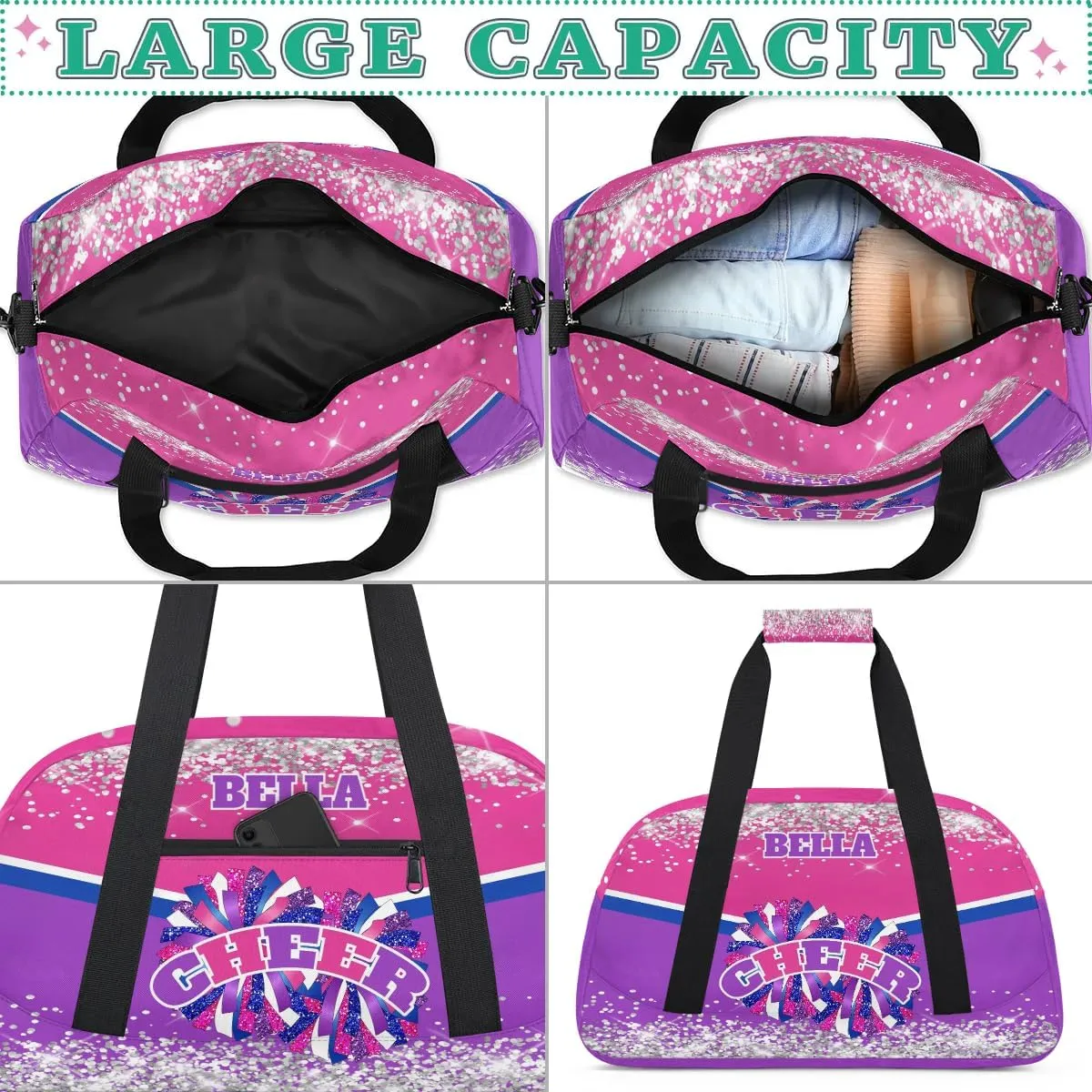 Personalized Cheer Bag Dance Bag for Girl, Custom Gym Bag Sport Duffel Bag, Weekender Bags Travel Duffel Bag Hot Pink Purple Glam, Option 13