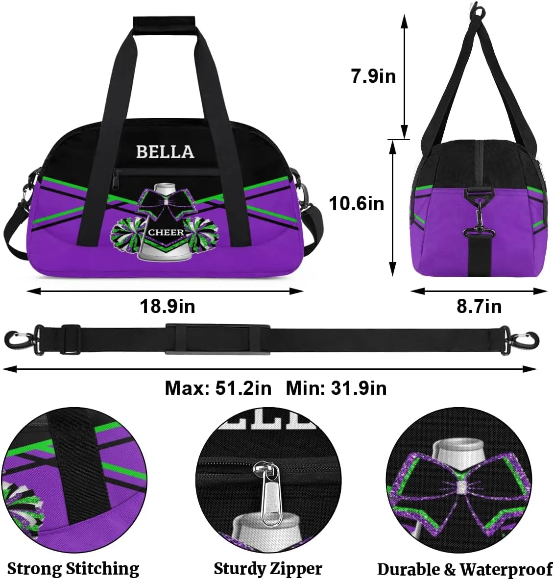 Personalized Cheer Bag Dance Bag for Girl, Custom Gym Bag Sport Duffel Bag, Weekender Bags Travel Duffel Bag Purple Green Glitter Cheer