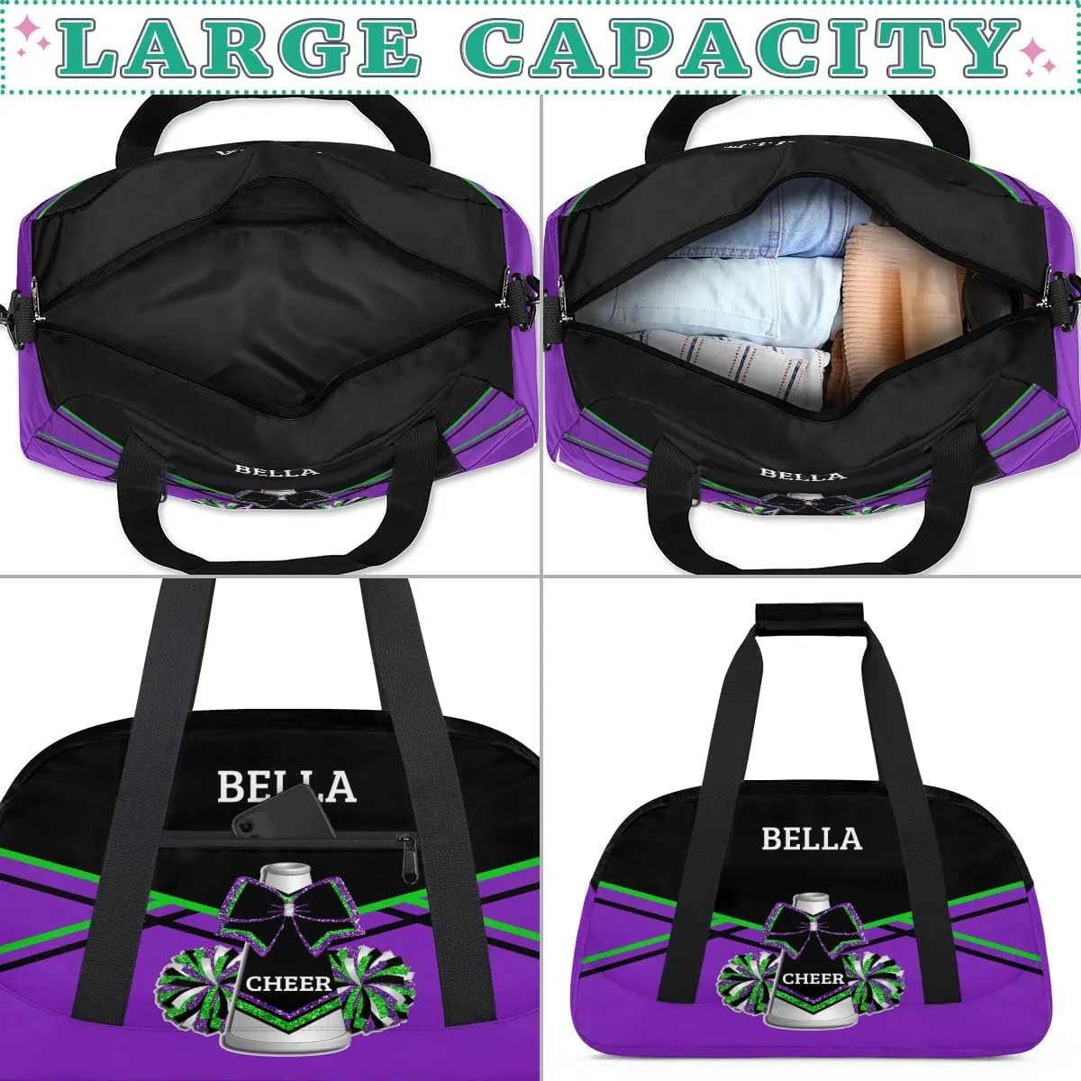Personalized Cheer Bag Dance Bag for Girl, Custom Gym Bag Sport Duffel Bag, Weekender Bags Travel Duffel Bag Purple Green Glitter Cheer