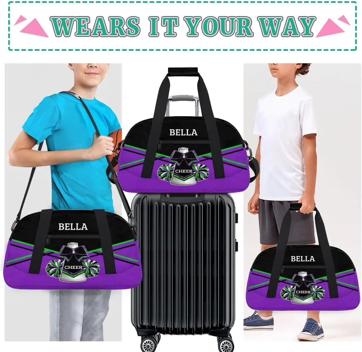 Personalized Cheer Bag Dance Bag for Girl, Custom Gym Bag Sport Duffel Bag, Weekender Bags Travel Duffel Bag Purple Green Glitter Cheer