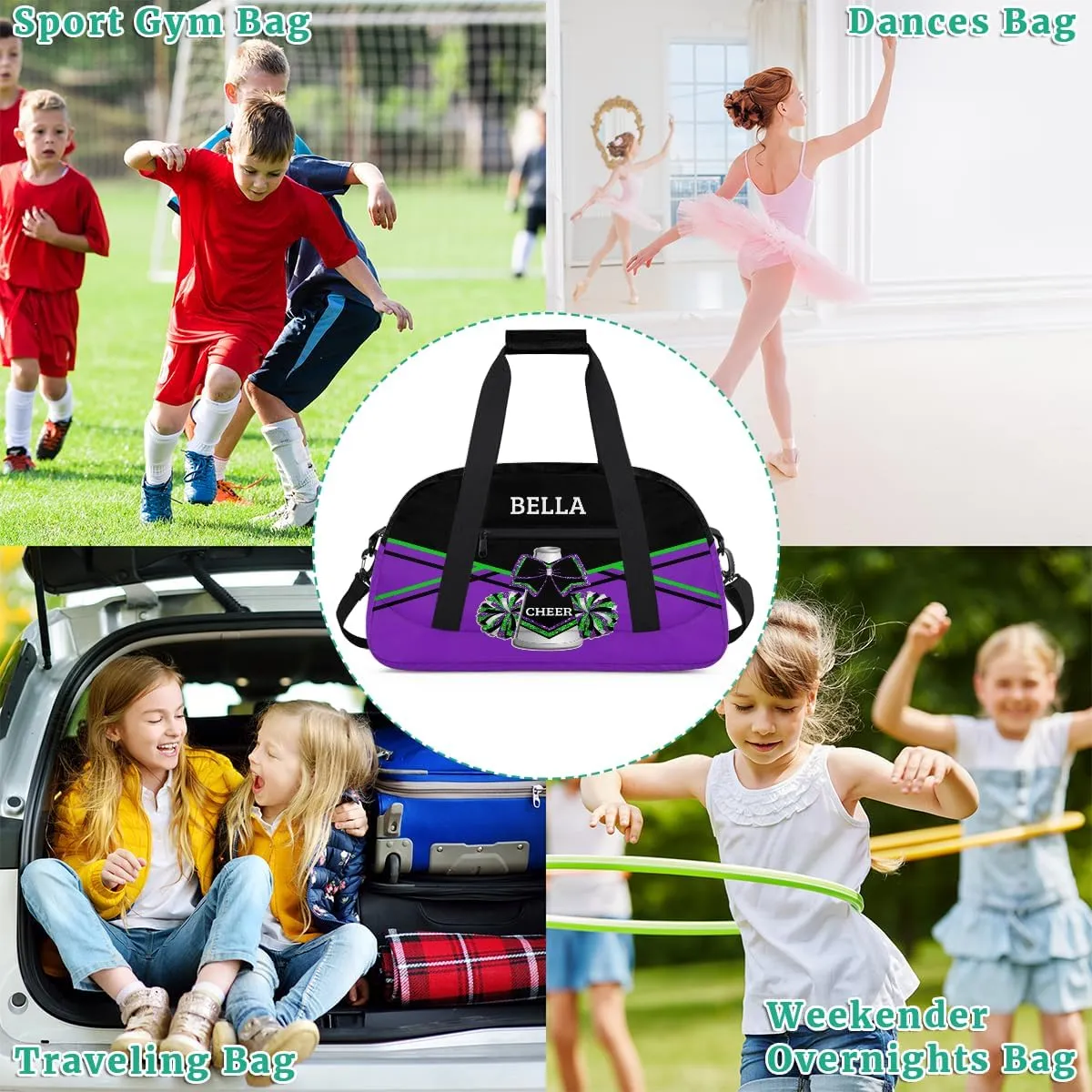 Personalized Cheer Bag Dance Bag for Girl, Custom Gym Bag Sport Duffel Bag, Weekender Bags Travel Duffel Bag Purple Green Glitter Cheer