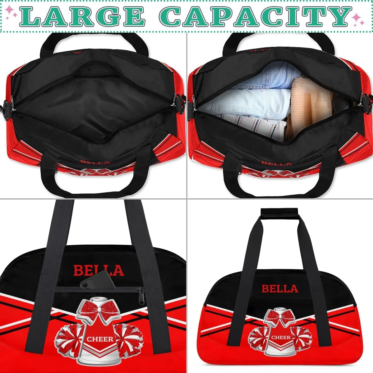 Personalized Cheer Bag Dance Bag for Girl, Custom Gym Bag Sport Duffel Bag, Weekender Bags Travel Duffel Bag Red Sliver Cheer