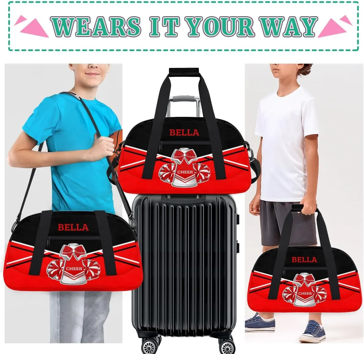 Personalized Cheer Bag Dance Bag for Girl, Custom Gym Bag Sport Duffel Bag, Weekender Bags Travel Duffel Bag Red Sliver Cheer