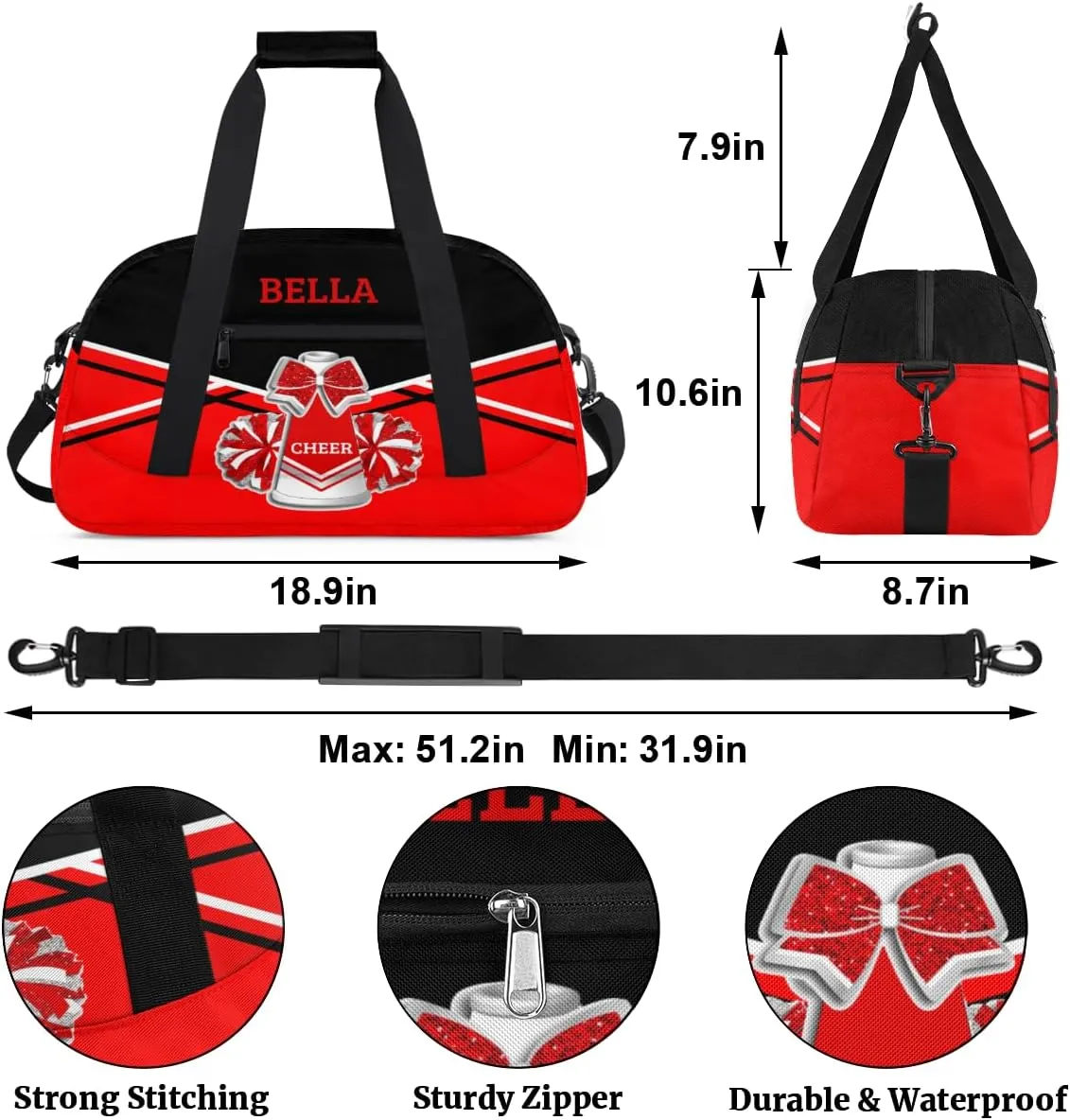 Personalized Cheer Bag Dance Bag for Girl, Custom Gym Bag Sport Duffel Bag, Weekender Bags Travel Duffel Bag Red Sliver Cheer