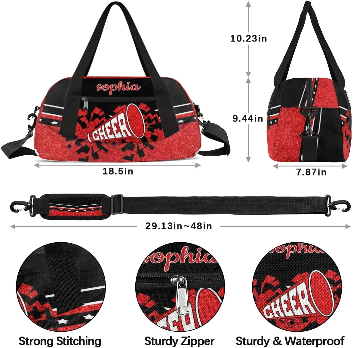 Personalized Cheer Bag with Name Custom Sport Duffel Bag for Girls Cheerleader Bags Overnight Weekender Bags Carry On Travel Bag, Glitter Red and Yellow