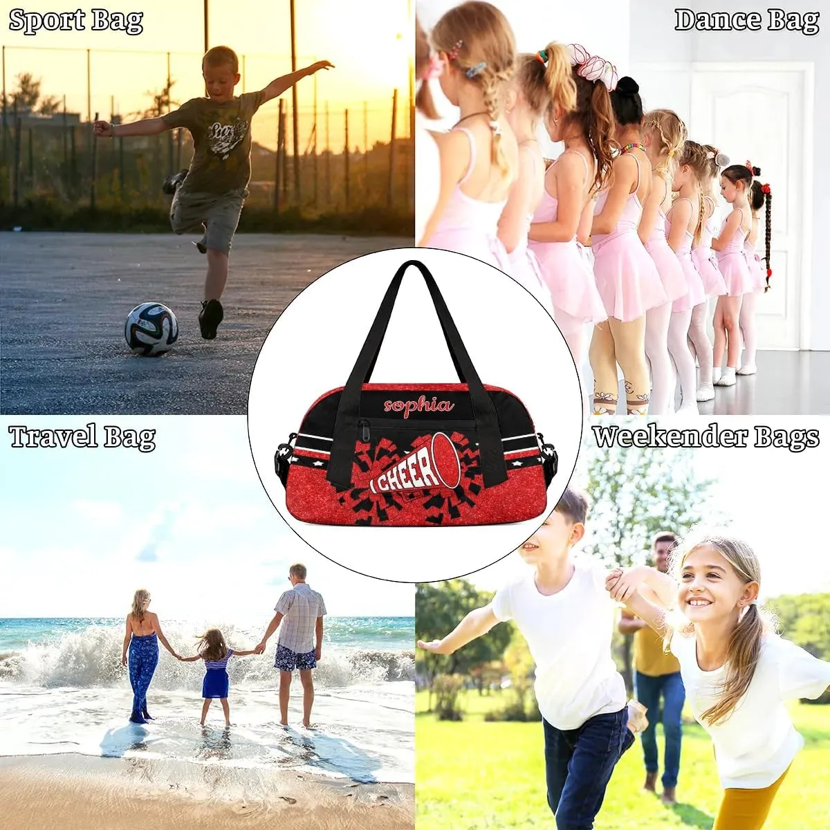 Personalized Cheer Bag with Name Custom Sport Duffel Bag for Girls Cheerleader Bags Overnight Weekender Bags Carry On Travel Bag, Glitter Red and Yellow