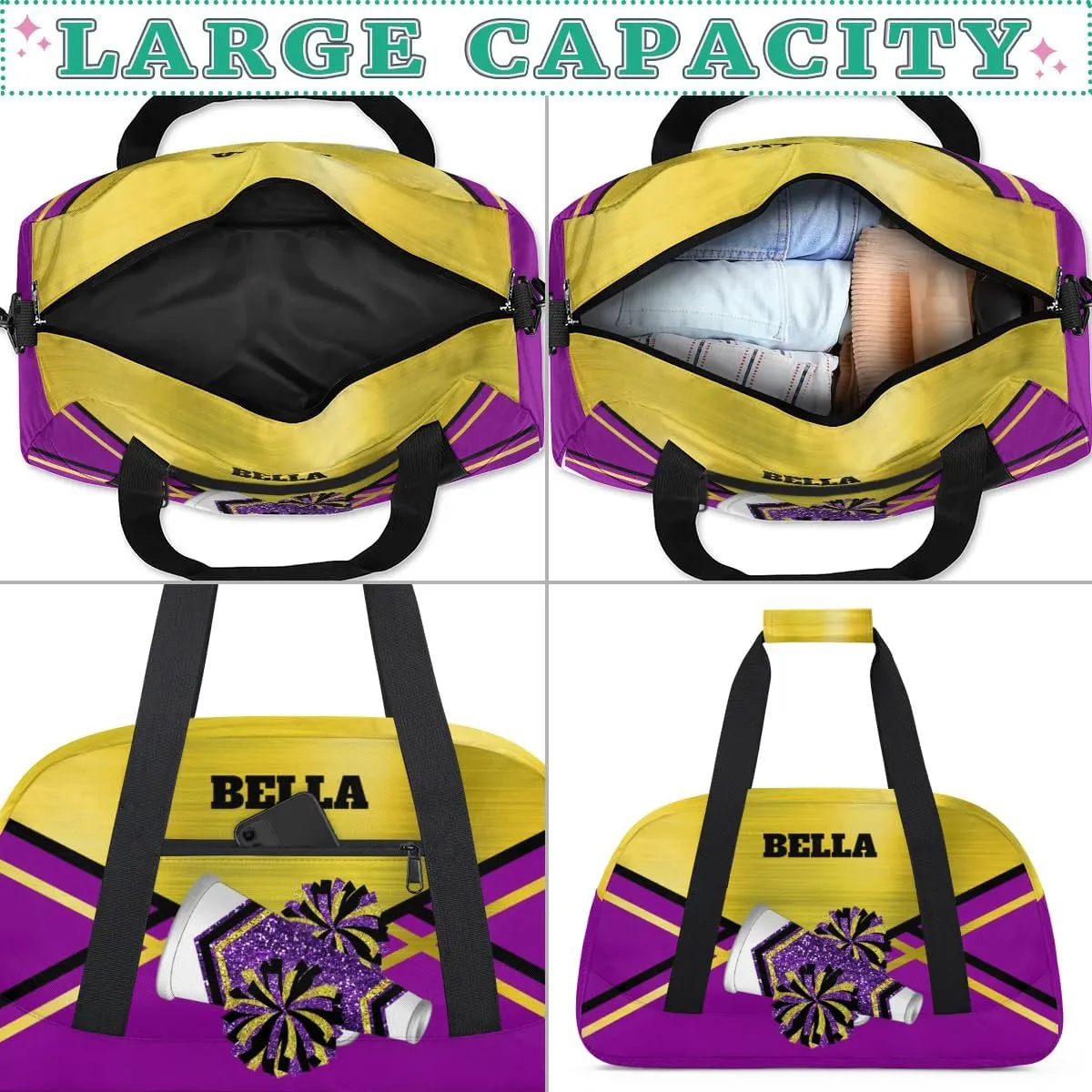 Personalized Cheerleader Bag Dance Bag for Girl, Custom Team Bag Gymnastics Bag Sport Duffel Bag, Weekender Bags Travel Duffel Bag for Cheer Team Purple Gold Glitter Cheer