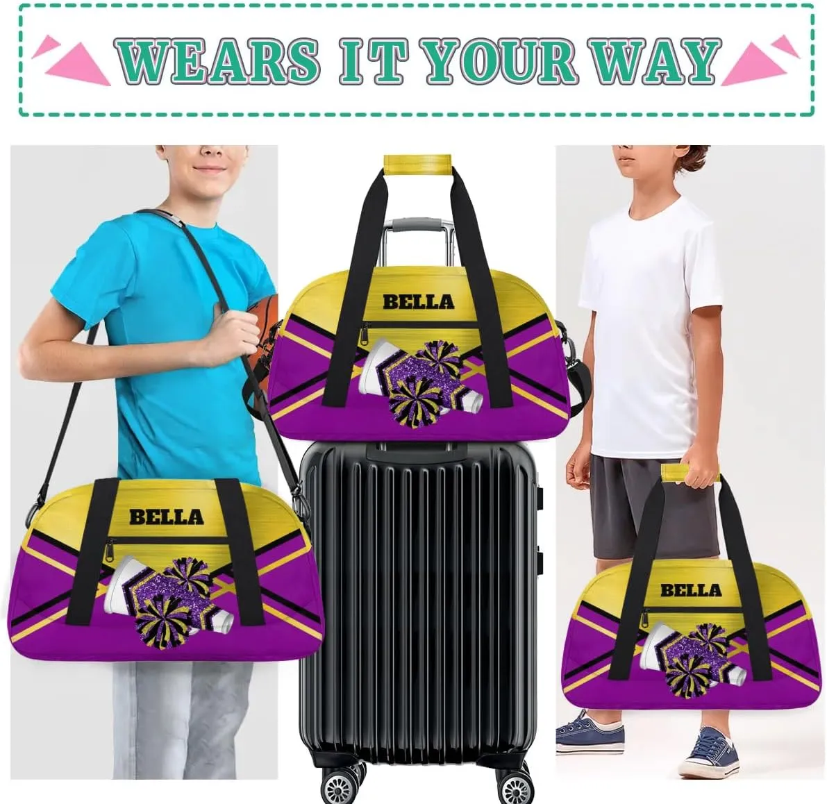 Personalized Cheerleader Bag Dance Bag for Girl, Custom Team Bag Gymnastics Bag Sport Duffel Bag, Weekender Bags Travel Duffel Bag for Cheer Team Purple Gold Glitter Cheer