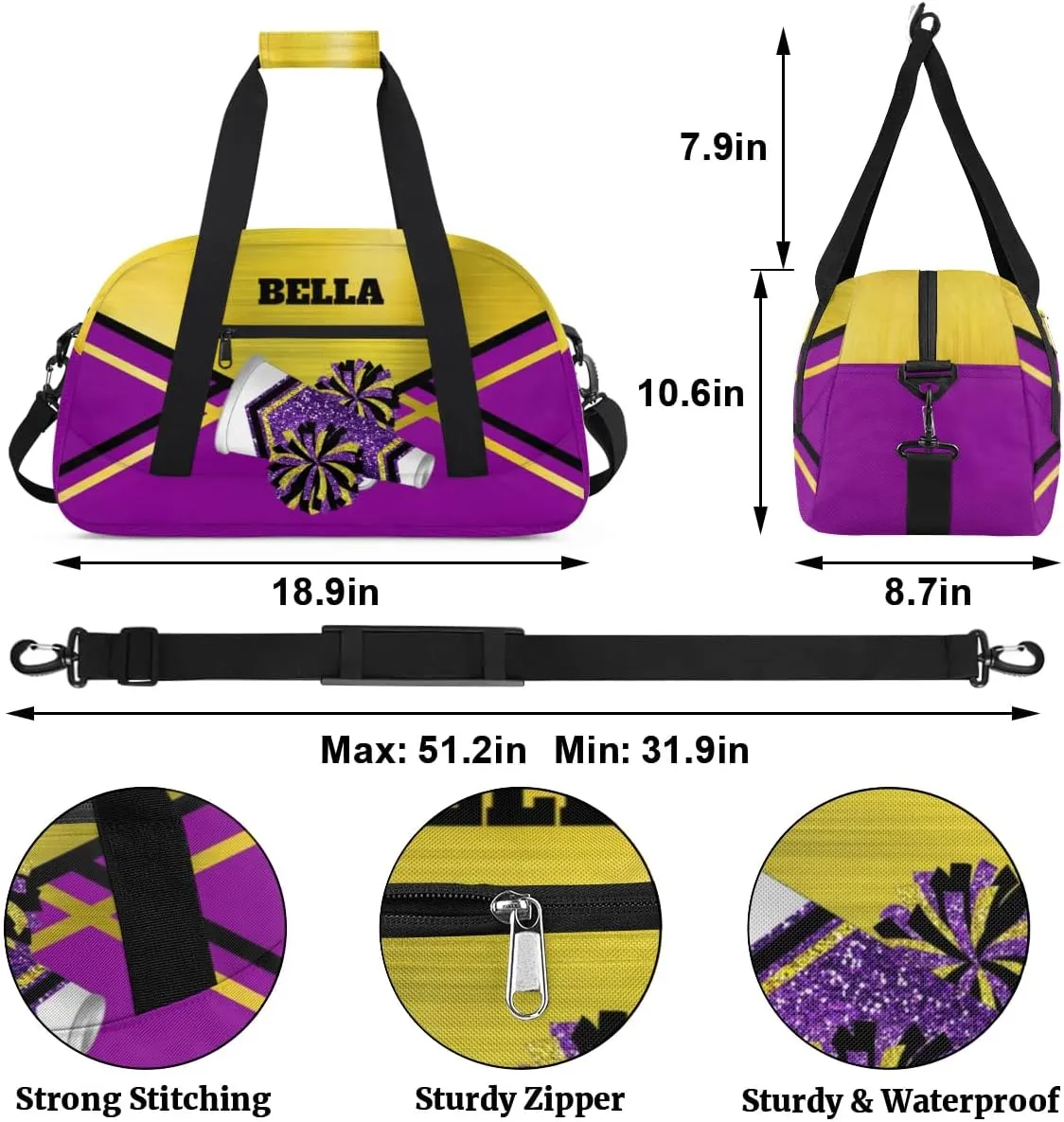Personalized Cheerleader Bag Dance Bag for Girl, Custom Team Bag Gymnastics Bag Sport Duffel Bag, Weekender Bags Travel Duffel Bag for Cheer Team Purple Gold Glitter Cheer