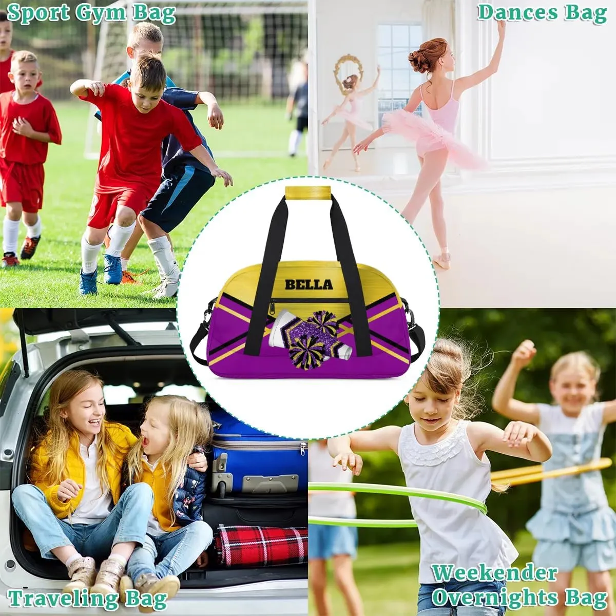 Personalized Cheerleader Bag Dance Bag for Girl, Custom Team Bag Gymnastics Bag Sport Duffel Bag, Weekender Bags Travel Duffel Bag for Cheer Team Purple Gold Glitter Cheer
