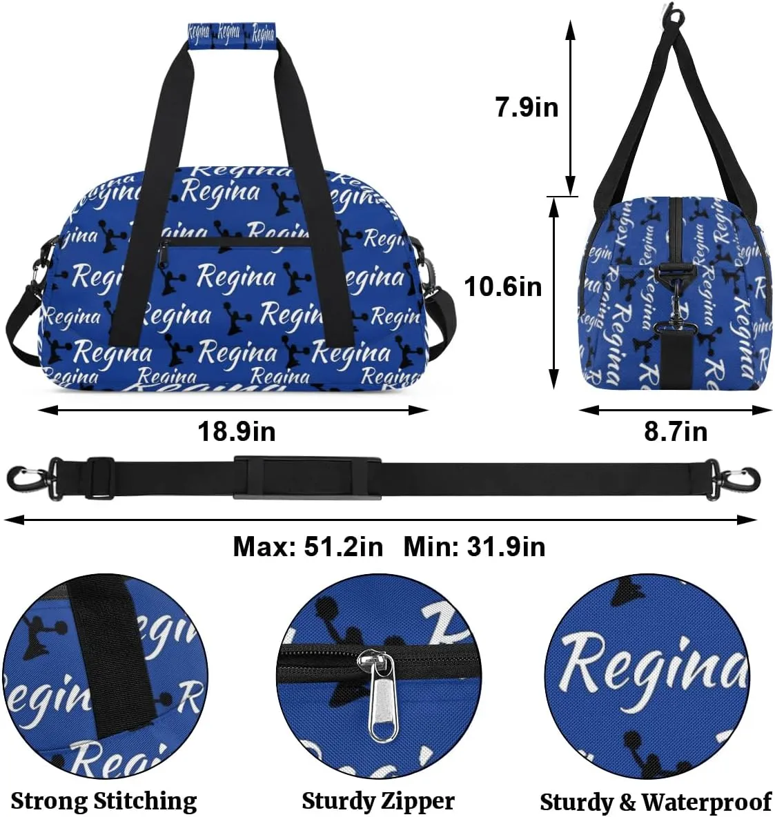 Personalized Cheerleader Bag Dance Bag for Women, Custom Gym Bag Sport Duffel Bags, Weekender Bags Travel Duffel Bag Cheerleader, Cobalt Blue