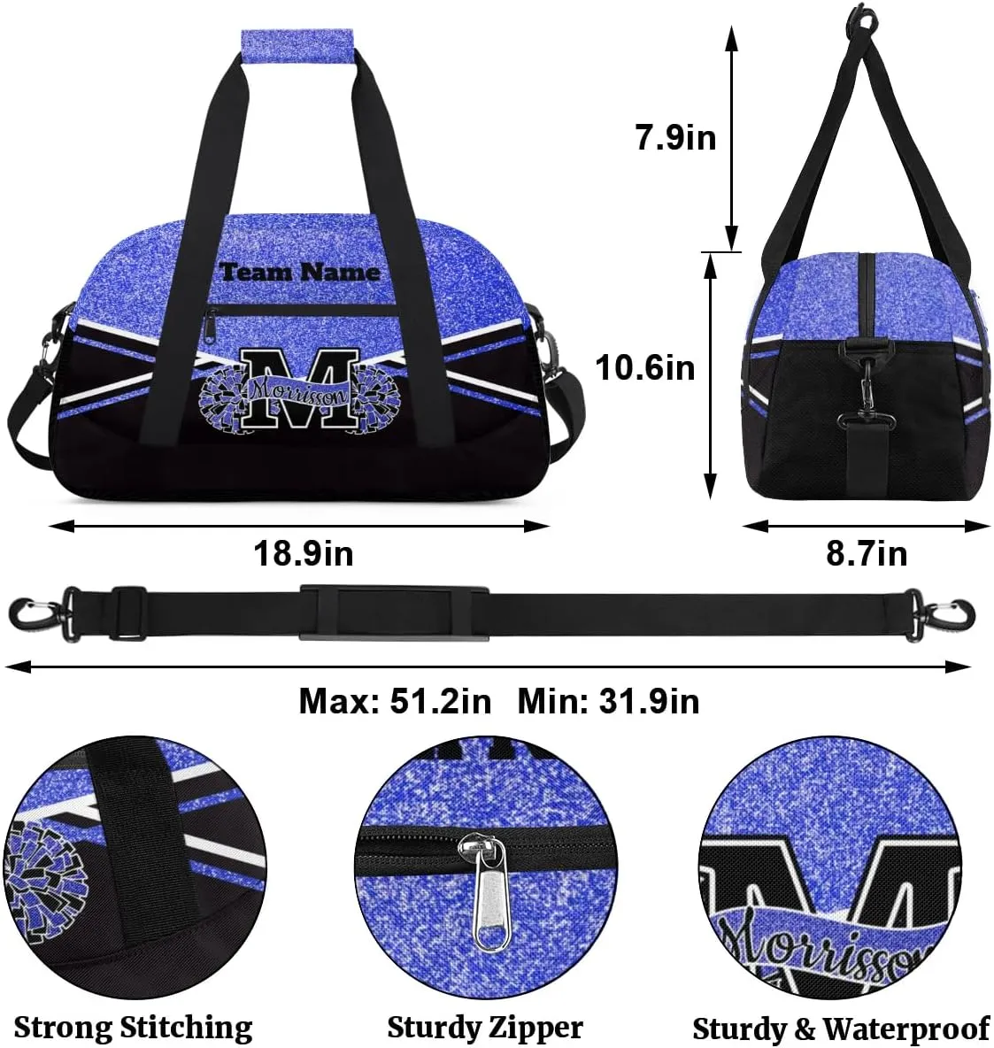 Personalized Cheerleader Bag Duffel Bag for Girls, Custom Cheer Bag Overnight Bags for Gymnastics Travel Weekender Dark Navy