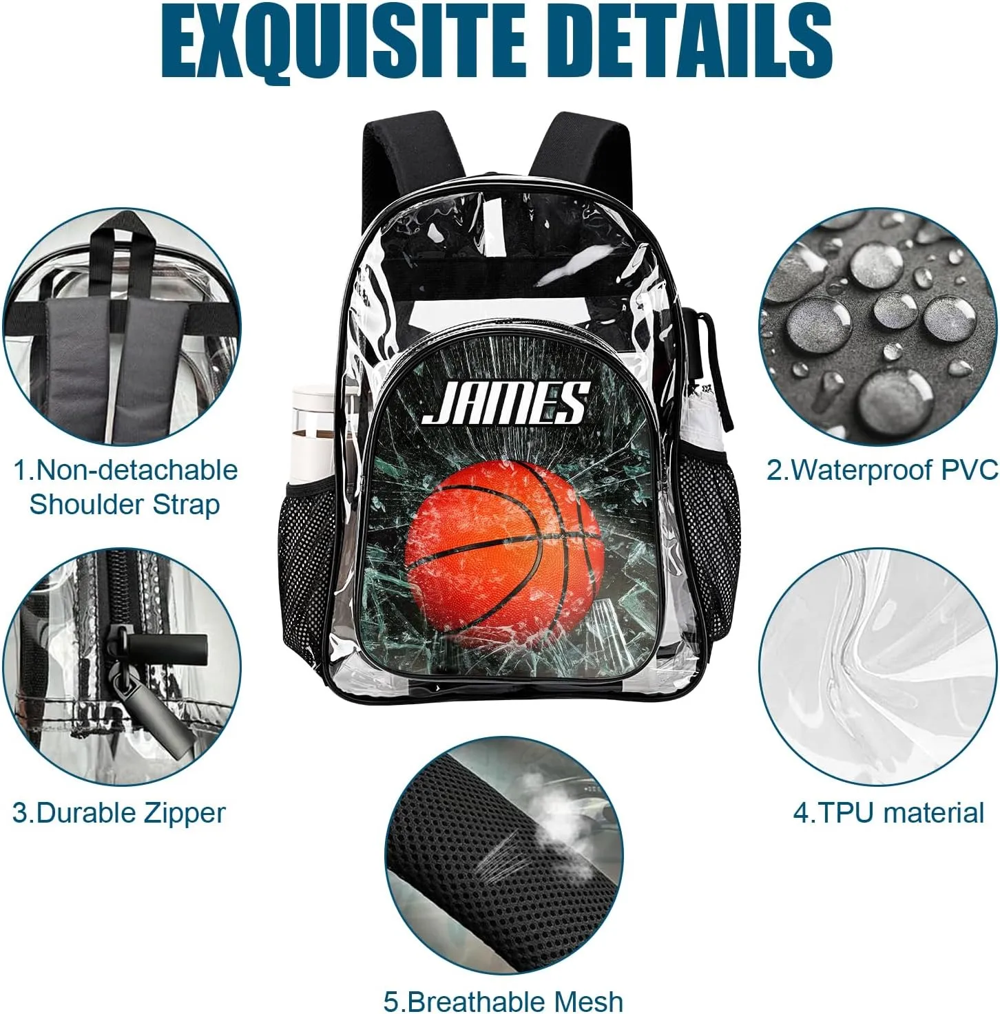 Personalized Clear School Backpack for Boys, Custom Basketball Pattern Backpacks with Name, TPU Waterproof Transparent Bookbag Suitable for Kids, Best Back to School Gifts