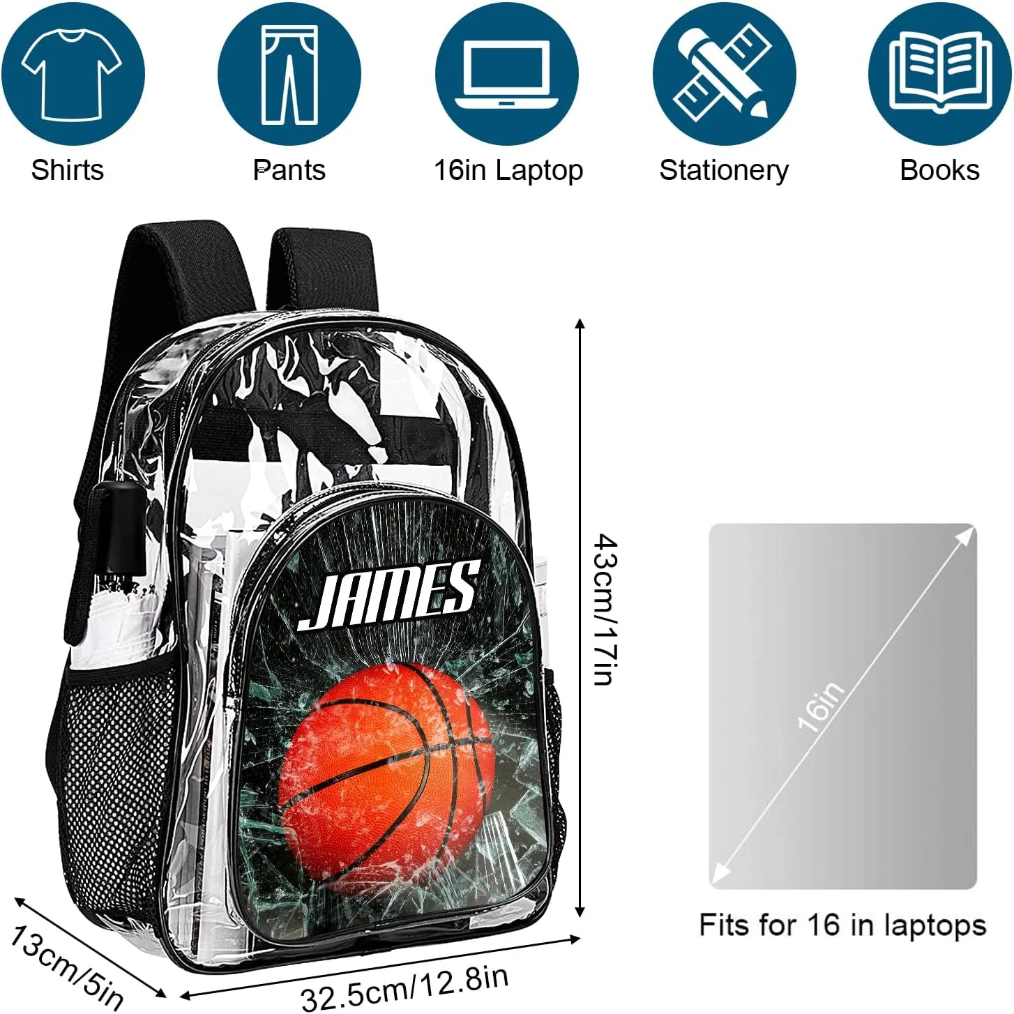 Personalized Clear School Backpack for Boys, Custom Basketball Pattern Backpacks with Name, TPU Waterproof Transparent Bookbag Suitable for Kids, Best Back to School Gifts