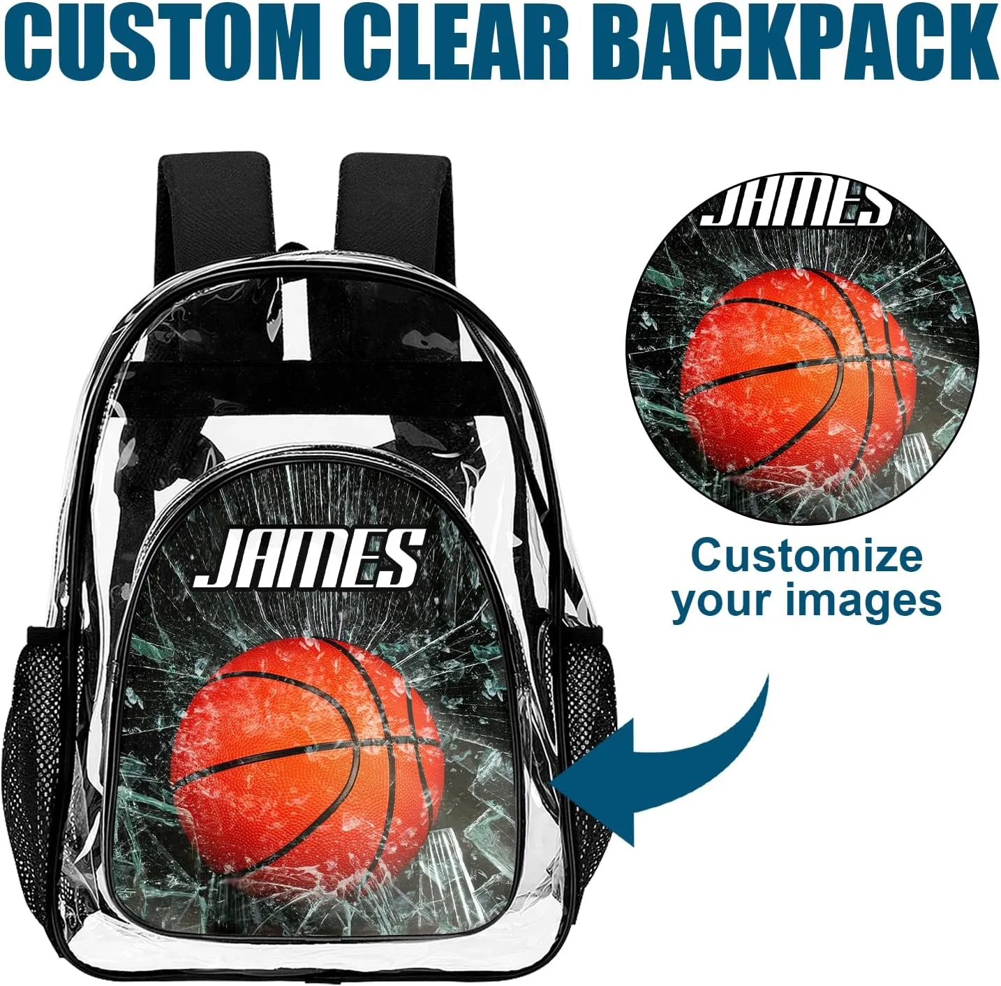 Personalized Clear School Backpack for Boys, Custom Basketball Pattern Backpacks with Name, TPU Waterproof Transparent Bookbag Suitable for Kids, Best Back to School Gifts