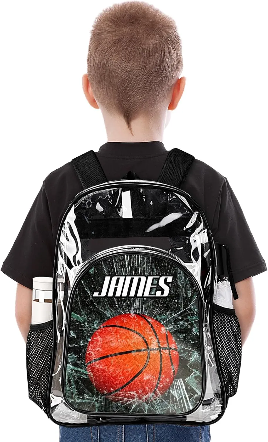 Personalized Clear School Backpack for Boys, Custom Basketball Pattern Backpacks with Name, TPU Waterproof Transparent Bookbag Suitable for Kids, Best Back to School Gifts