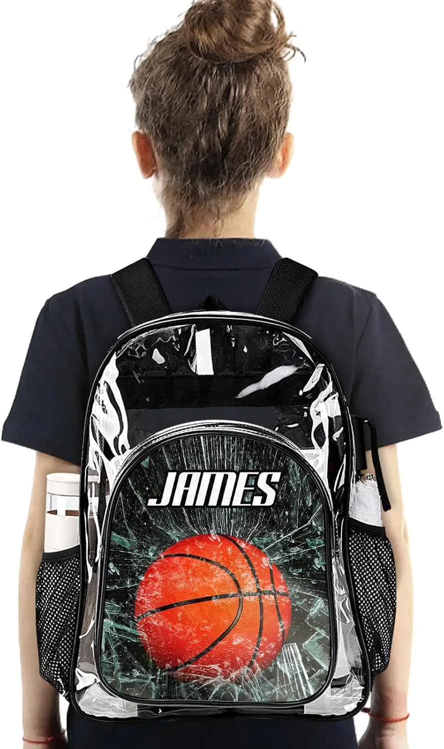 Personalized Clear School Backpack for Boys, Custom Basketball Pattern Backpacks with Name, TPU Waterproof Transparent Bookbag Suitable for Kids, Best Back to School Gifts