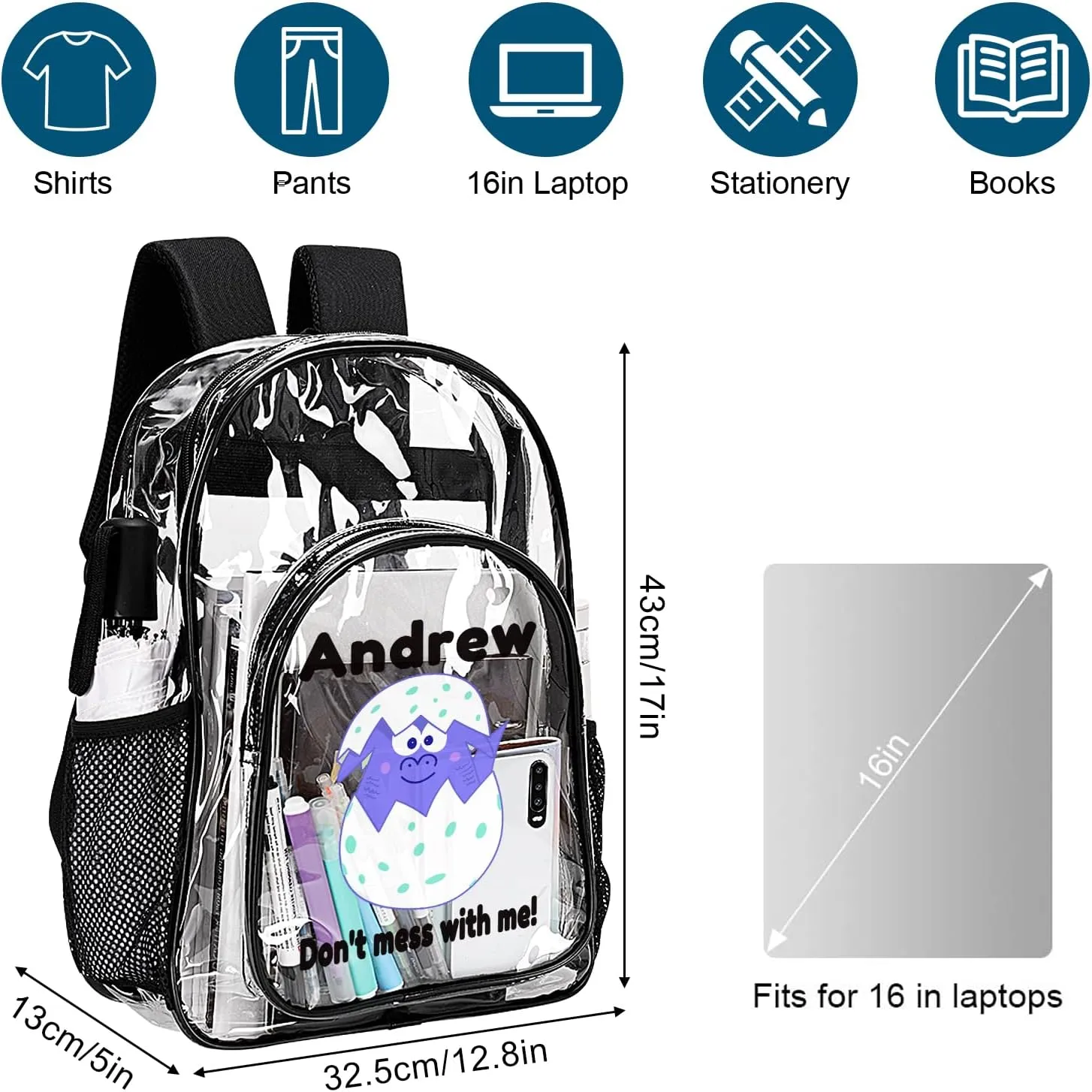 Personalized Clear School Backpack for Girls, Custom Cute Cartoon Dinosaur Pattern Backpacks with Name, TPU Waterproof Transparent Bookbag Suitable for Kids Boys, Best Back to School Gifts