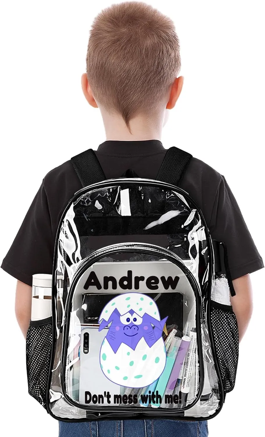 Personalized Clear School Backpack for Girls, Custom Cute Cartoon Dinosaur Pattern Backpacks with Name, TPU Waterproof Transparent Bookbag Suitable for Kids Boys, Best Back to School Gifts