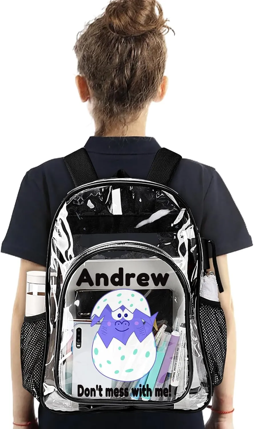 Personalized Clear School Backpack for Girls, Custom Cute Cartoon Dinosaur Pattern Backpacks with Name, TPU Waterproof Transparent Bookbag Suitable for Kids Boys, Best Back to School Gifts